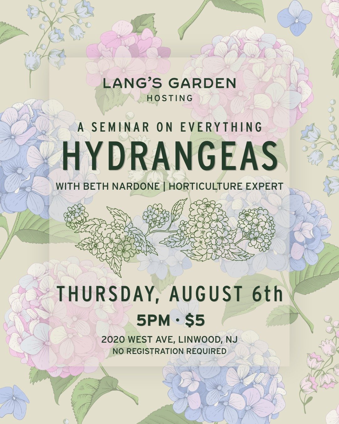 We're so excited to be hosting horticulture expert Beth Nardone this Thursday August 6th for a seminar on everything hydrangeas! From the different varieties, to pruning, to sun &amp; soil requirements and more, join us for a deep dive into growing g