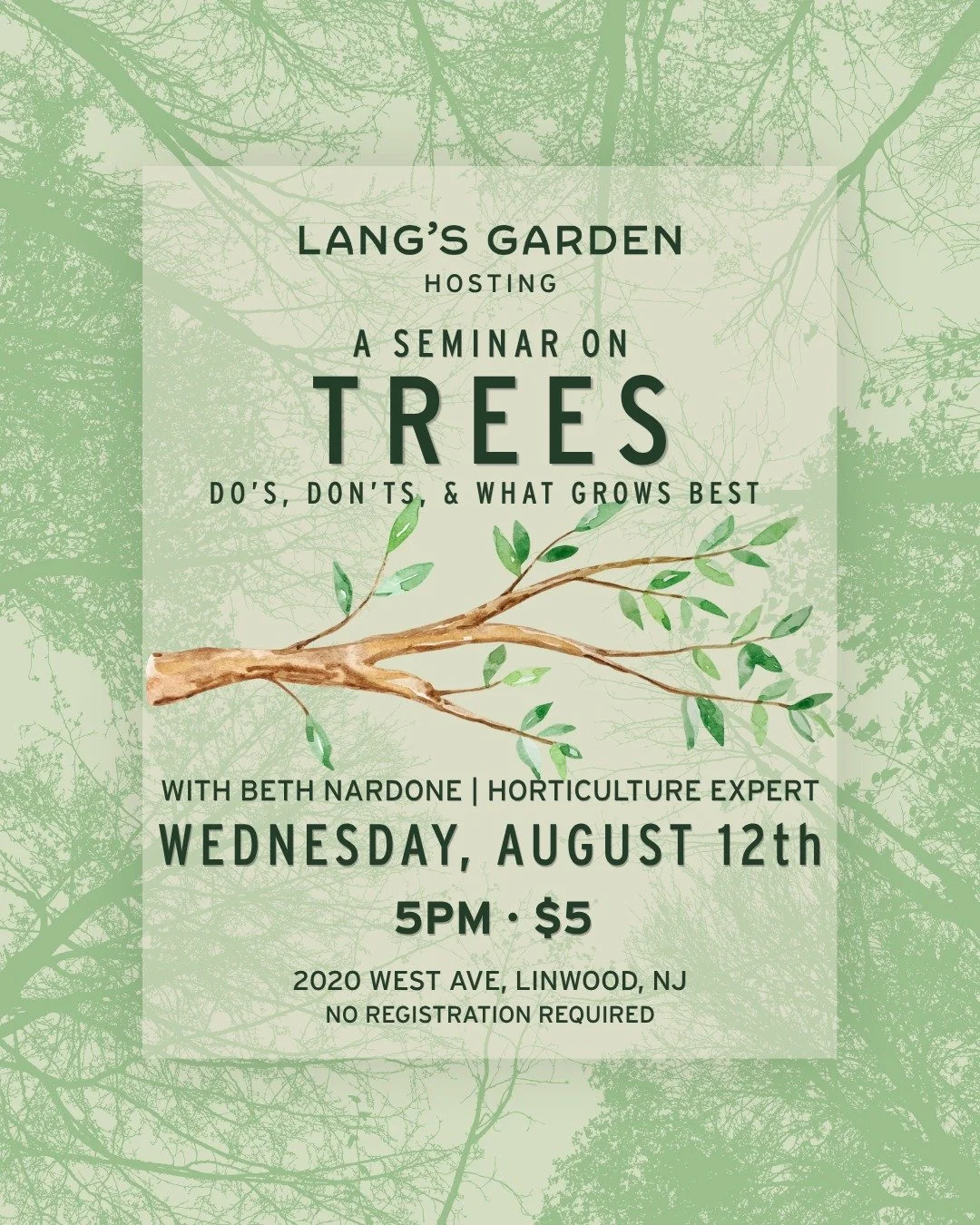 Join us this Wednesday, August 12th, for a talk with Beth Nardone all about trees! She'll cover how to pick the right tree for the right space, the varieties that thrive here in our area, and more.

Wednesday 8/12 &bull; 5pm &bull; $5
Bring yourself 