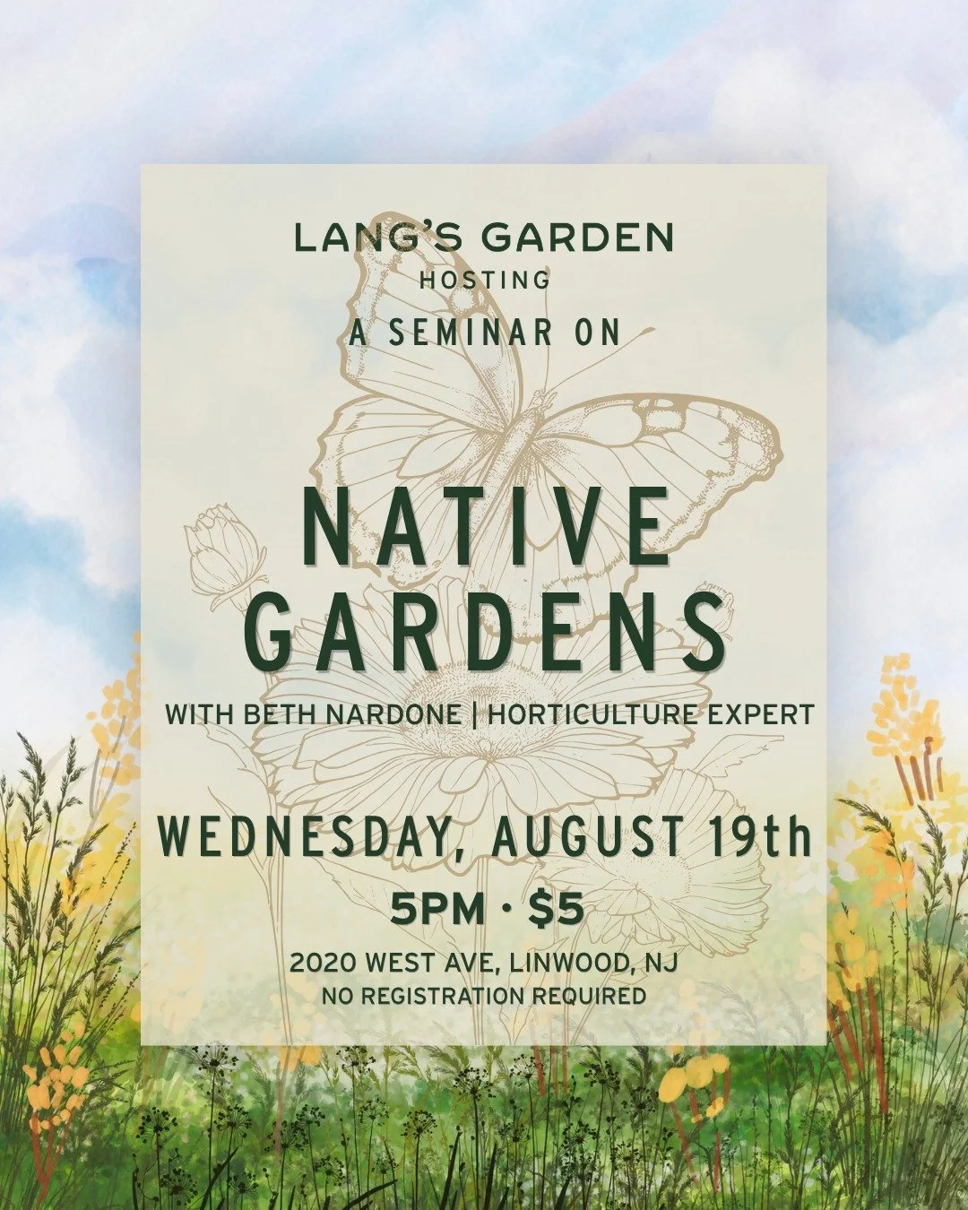 Join us this Wednesday, August 19th, for a talk with Beth Nardone on native plants to our area &amp; tips on how to create your own native garden. We will have native plants in stock for purchase before &amp; after the seminar - so come prepared to p
