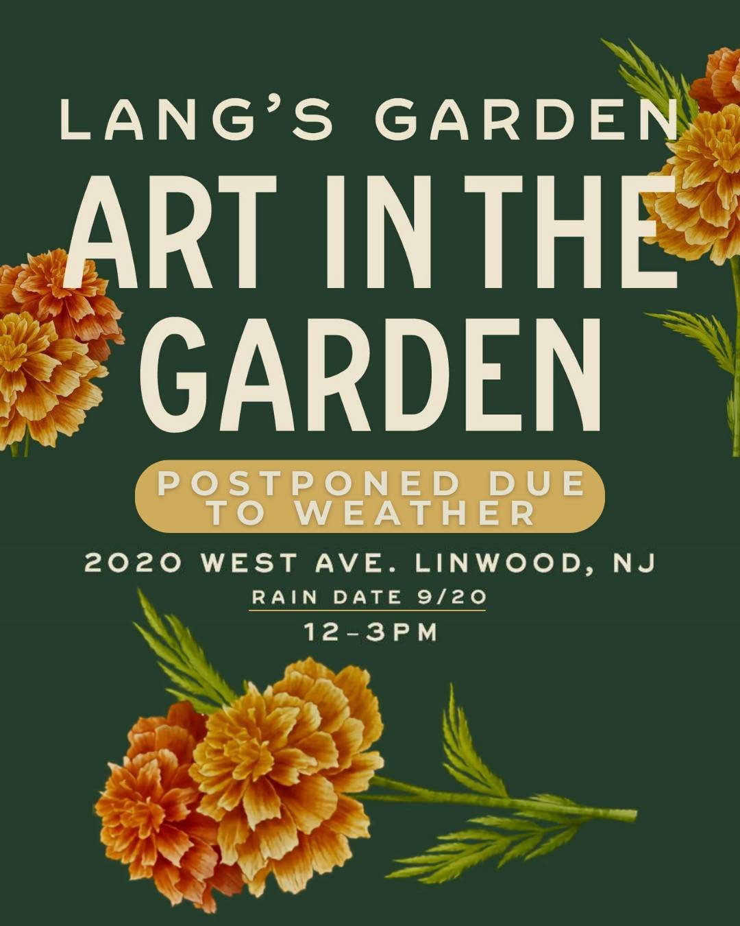 Due to weather, we're postponing Art in the Garden originally set for tomorrow, 9/13. 

Since Art in the Garden is an outdoor show, we can't risk our amazing artists' work (or our guests!) getting rained on. 🌱

Rain date: Sunday, September 20th, 12-