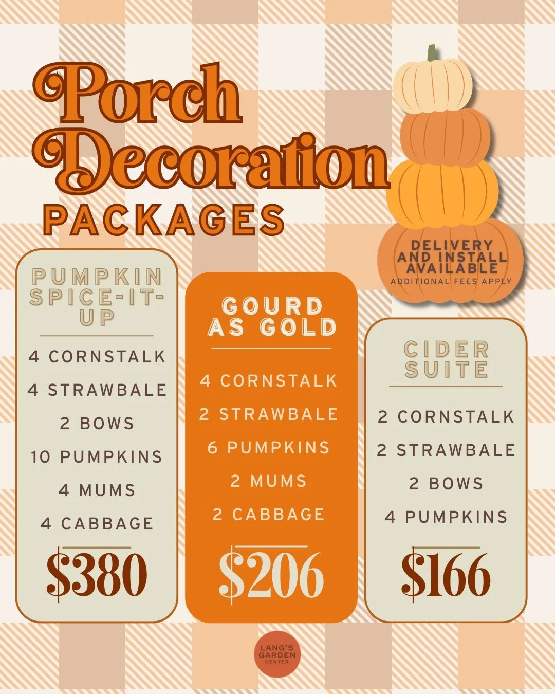 Fall decorating season is here, and Lang's is stocked with pumpkins in every shape and size, plus gourds, corn stalks, straw, mums, and more. 🍂

Make it easy and pick-up one of our Porch Decoration Packages - we can deliver AND install too! 🎃 No ma