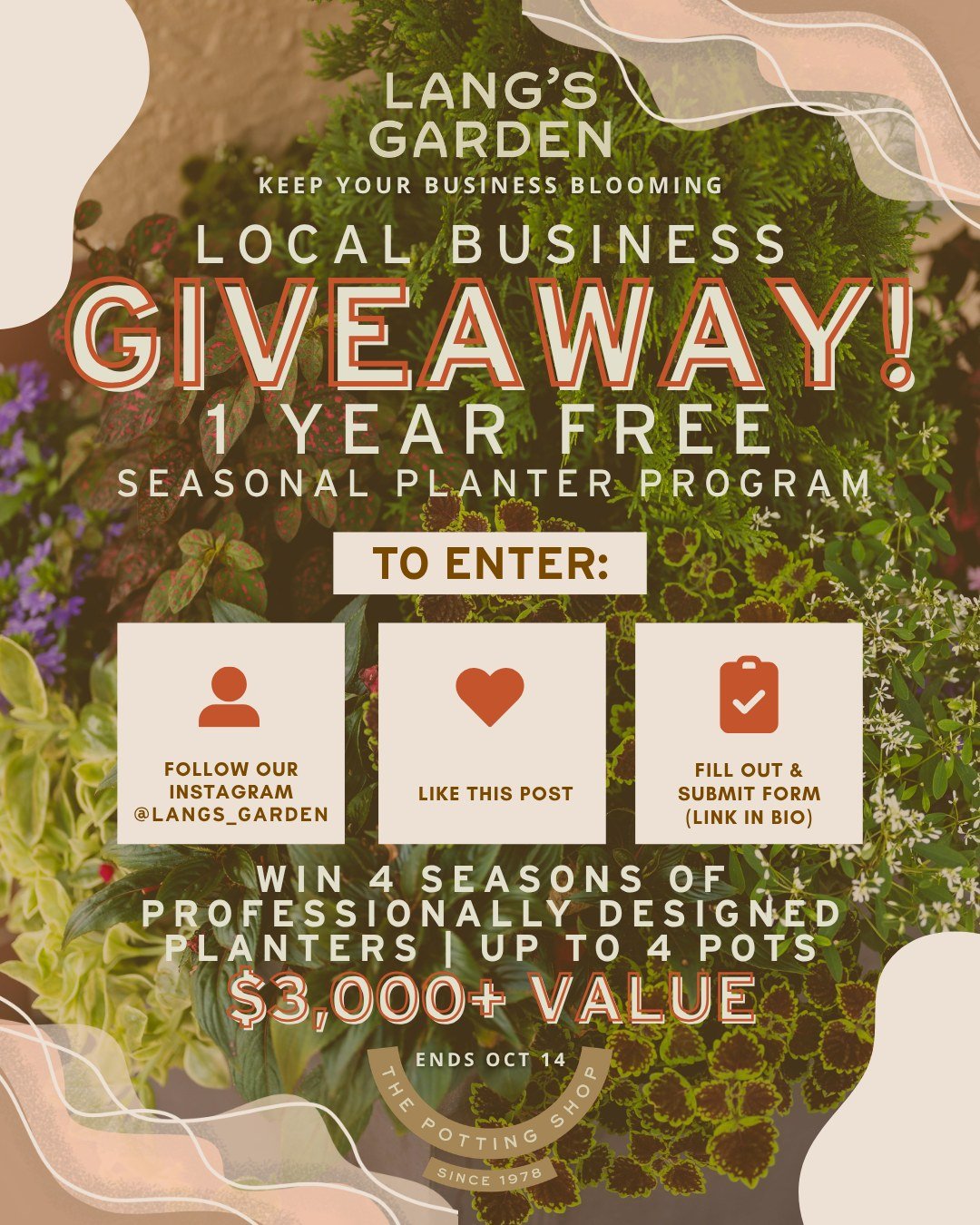 🌿 LOCAL BUSINESS GIVEAWAY 🌿

We're giving one Atlantic or Cape May County business a FREE year of our Seasonal Planter Program, a $3,000+ value, plus a 2nd prize! 🎉

🥇 GRAND PRIZE: 4 seasons of professionally designed planters (up to 4 pots), ref