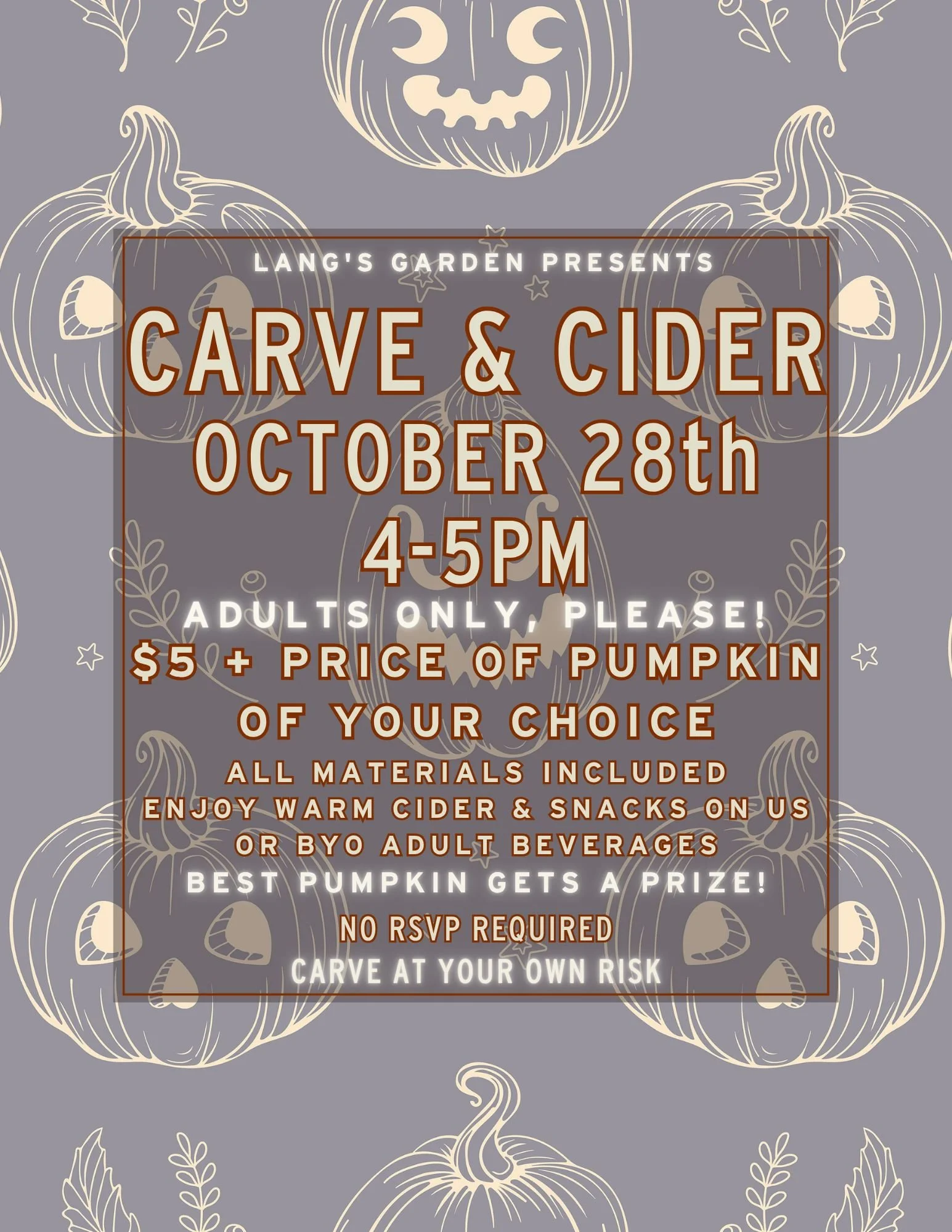 🎃🍎 The kids had their fun&hellip; now it&rsquo;s YOUR turn! 🍎🎃

Introducing Carve &amp; Cider, an adults-only pumpkin carving night at Lang&rsquo;s! Grab your friends, pick out the perfect pumpkin, and let&rsquo;s get carving. 🔪🧡

📅 Wednesday,