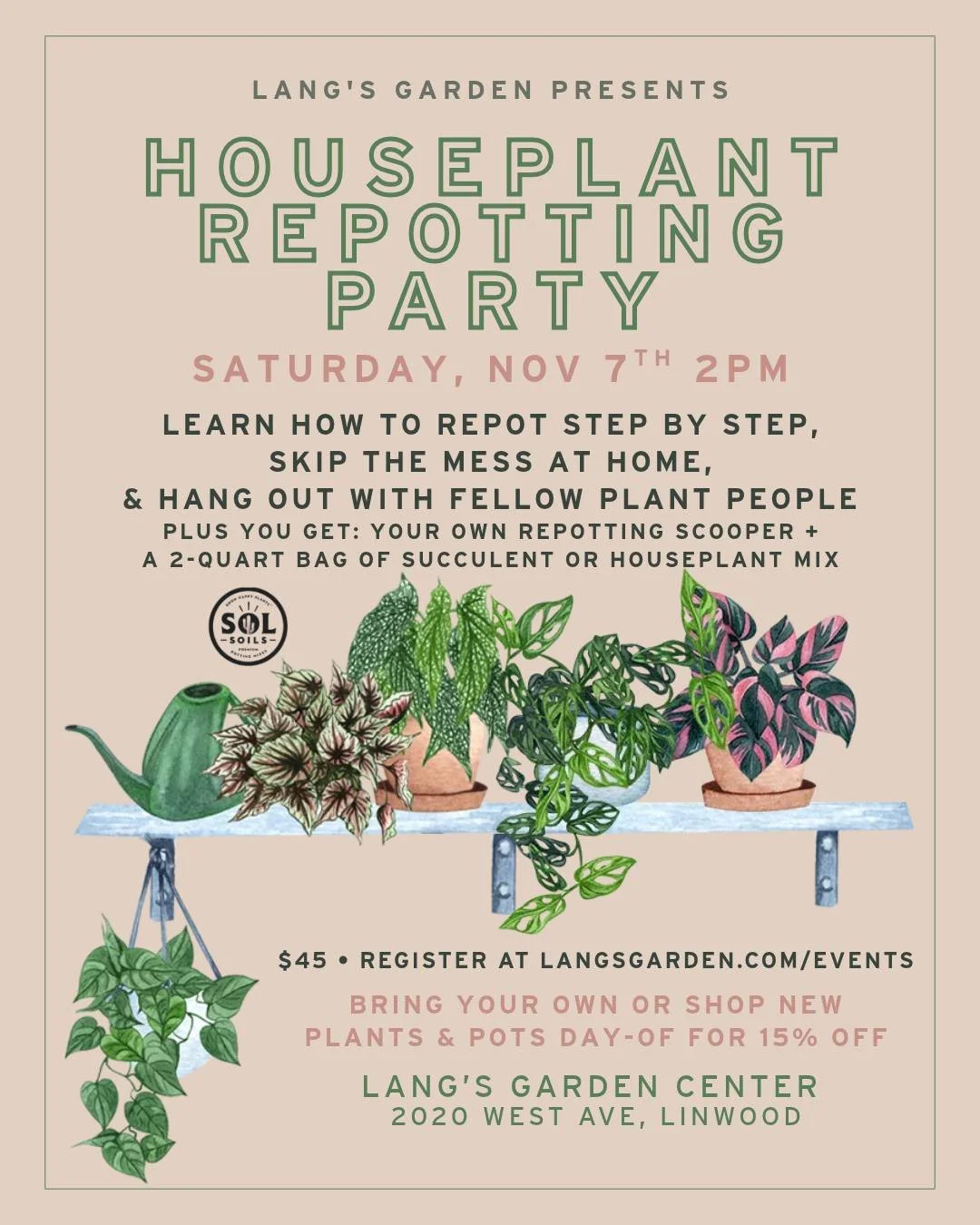 🪴🎉 You&rsquo;re invited to the Houseplant Repotting Party!

Is your monstera busting out of its pot? Not sure what size pot to replant your ZZ into? Bring them in and let us help you fix that!

Join us Saturday, November 7th at 2PM for a hands-on r