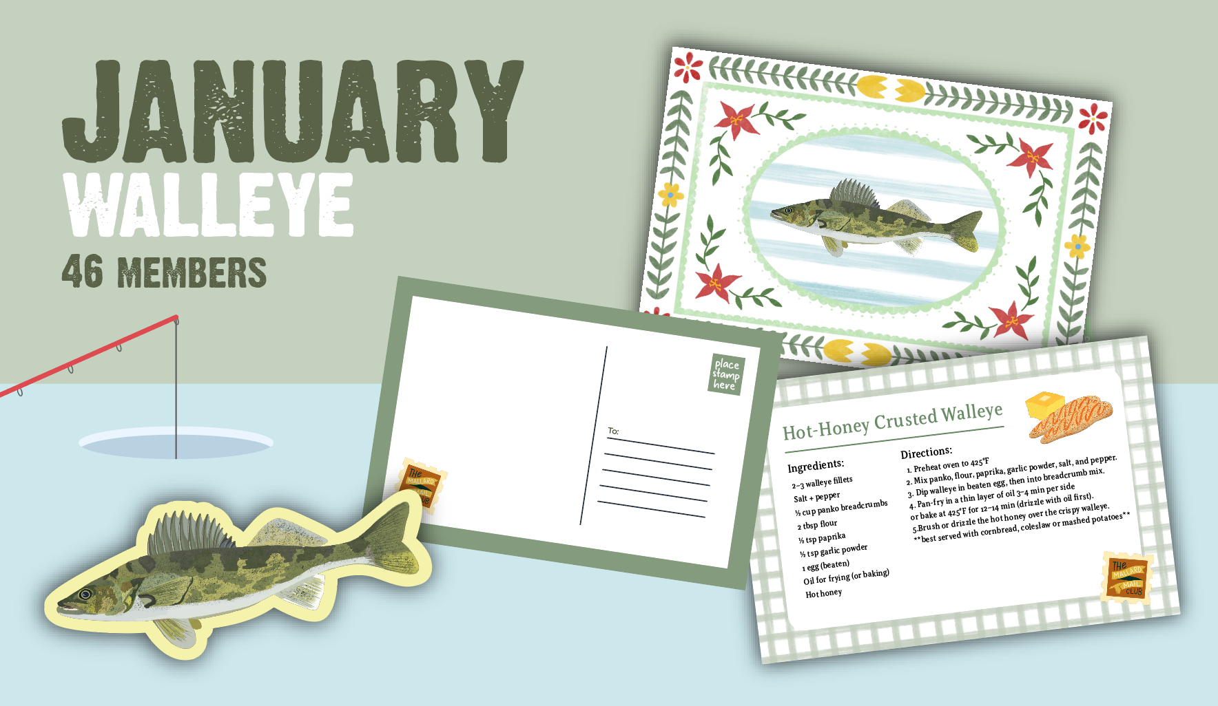 Fish print, recipe card and sticker for January