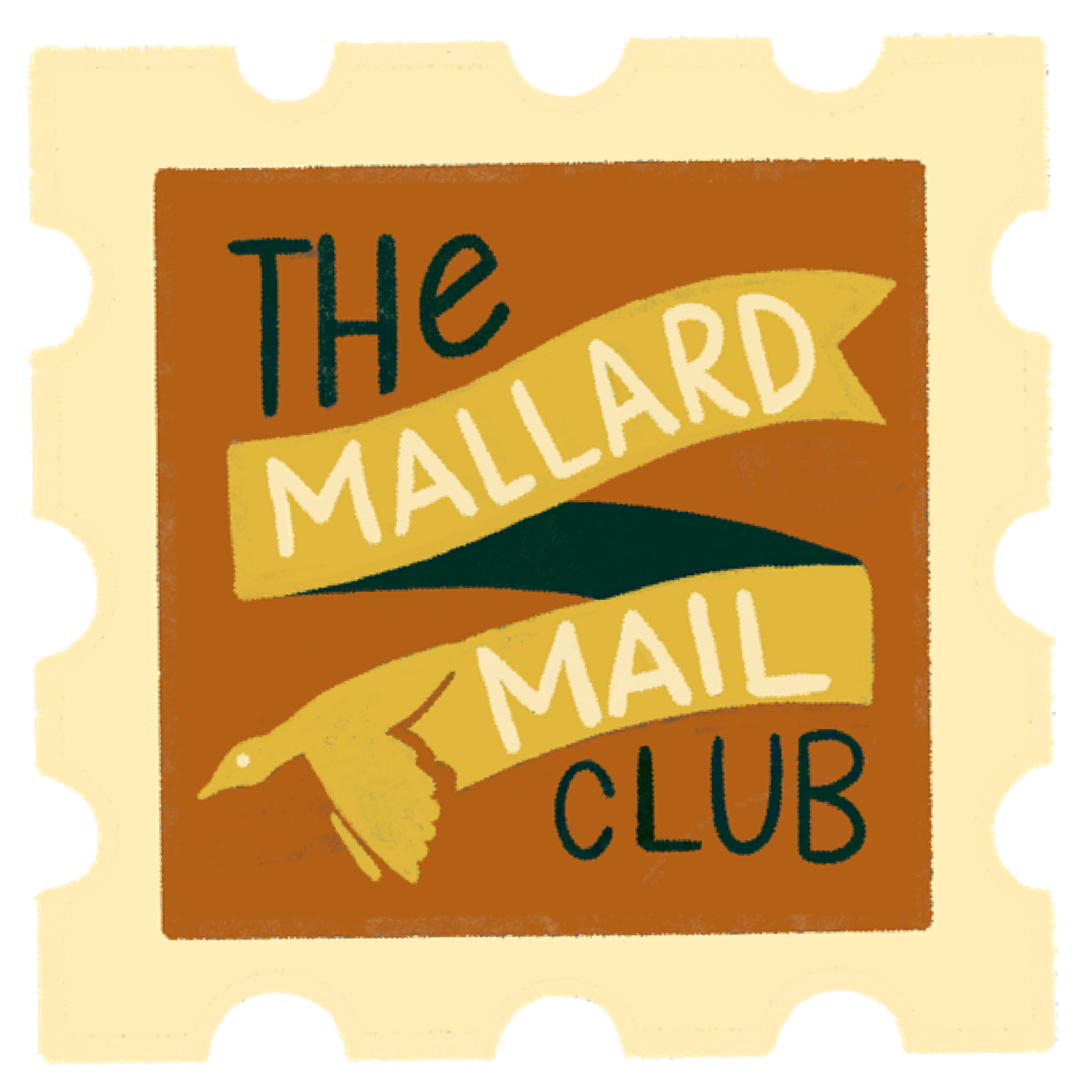 The Mallard Mail Club Logo which is a stamp illustration with a duck and the title.