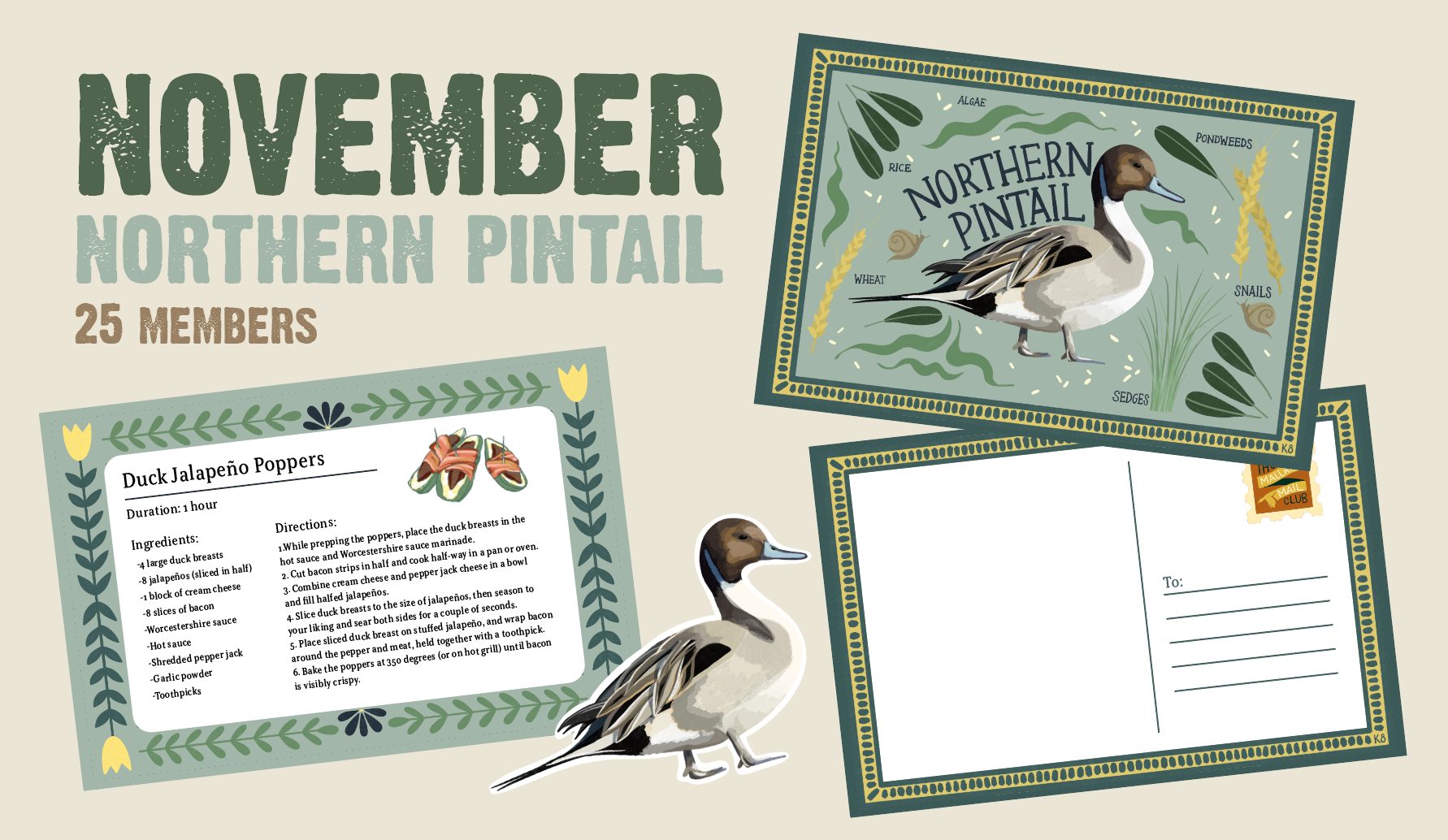Duck print, recipe card and sticker for November
