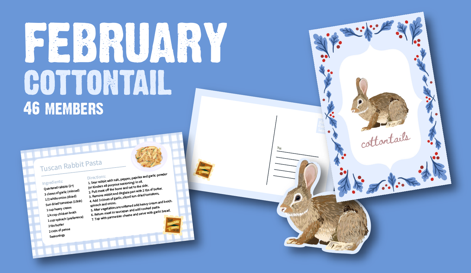 Bunny print, recipe card and sticker for February 