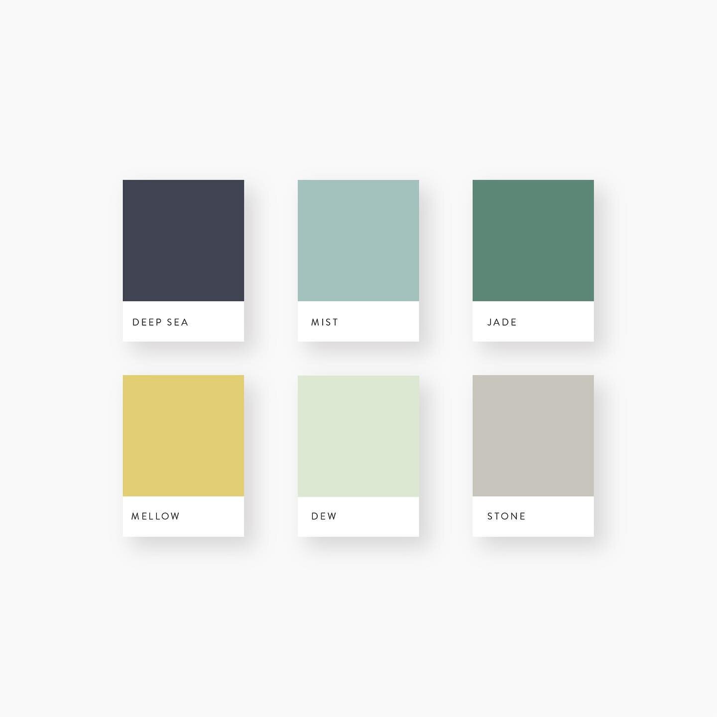 We built out this flexible color palette for Heidi's brand, with Deep Sea and Mist used most prominently, and Jade, Mellow, Dew, and Stone used sparingly as accents when needed.