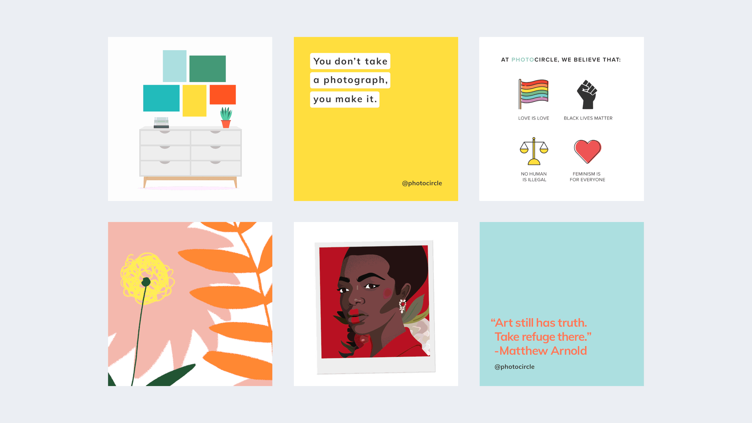 A selection of graphics, illustrations, and animations for Photocircle's social media channels and newsletters