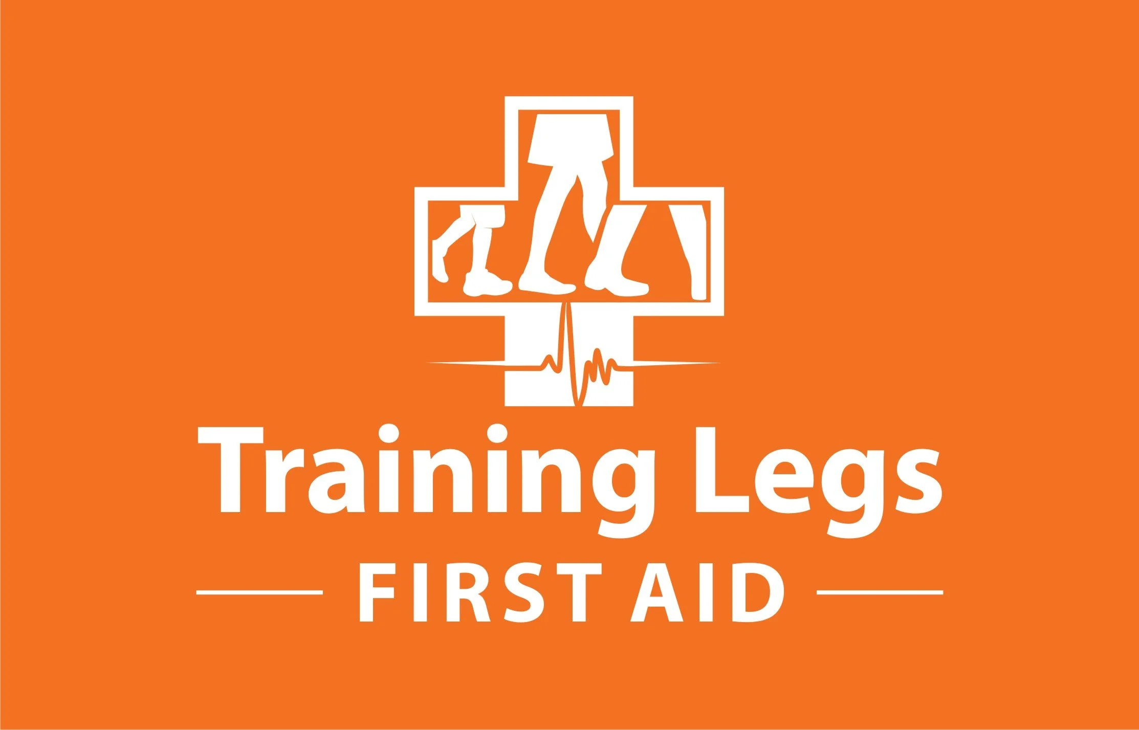 Orange background with white text and graphics indicating first aid training for legs, featuring a stylized logo of legs on a sign.