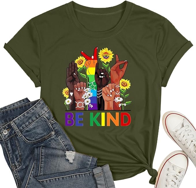 Be Kind Sign Language Shirt for Women Rainbow Pride Graphic T Shirts Kindness Short Sleeve Equality Tee Tops .jpg