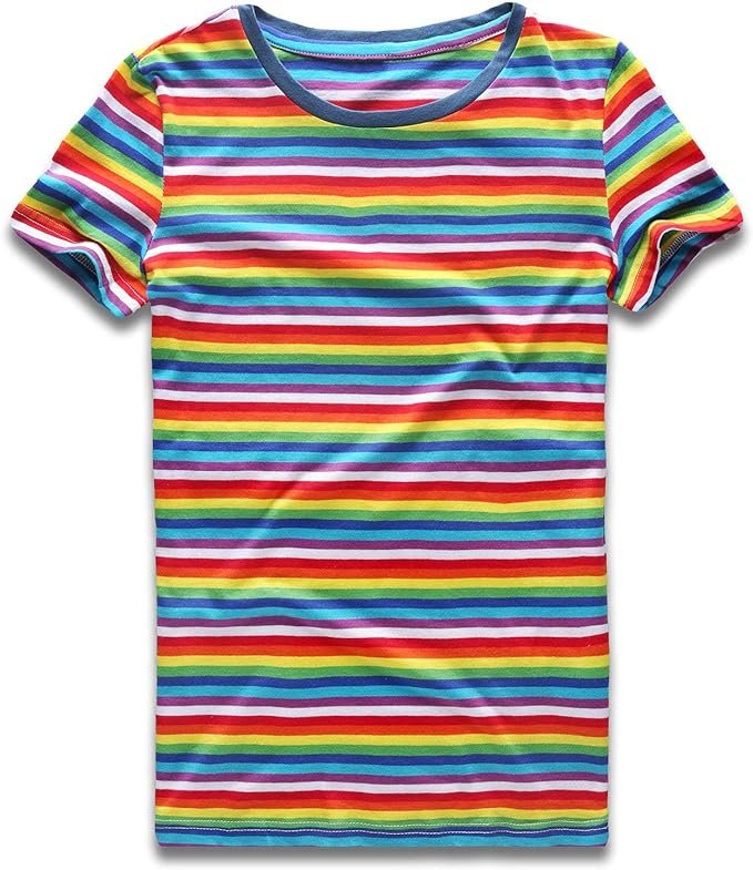 Rainbow T Shirt Women Striped Crew Neck Short Sleeve Stripes Tee Top Stripped .jpg