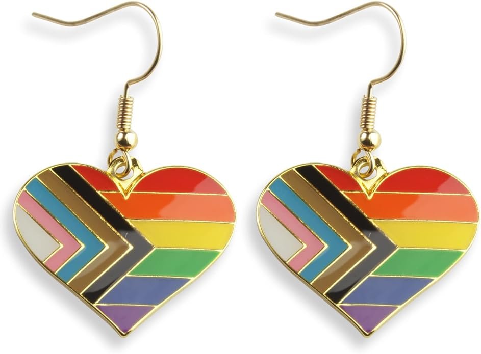 Progress Flag Gay Pride Earrings, Unisex Rainbow Accessories for LGBTQ - Lesbian Gay Bisexual Transgender Trans Pansexual Flag Hearts .jpg