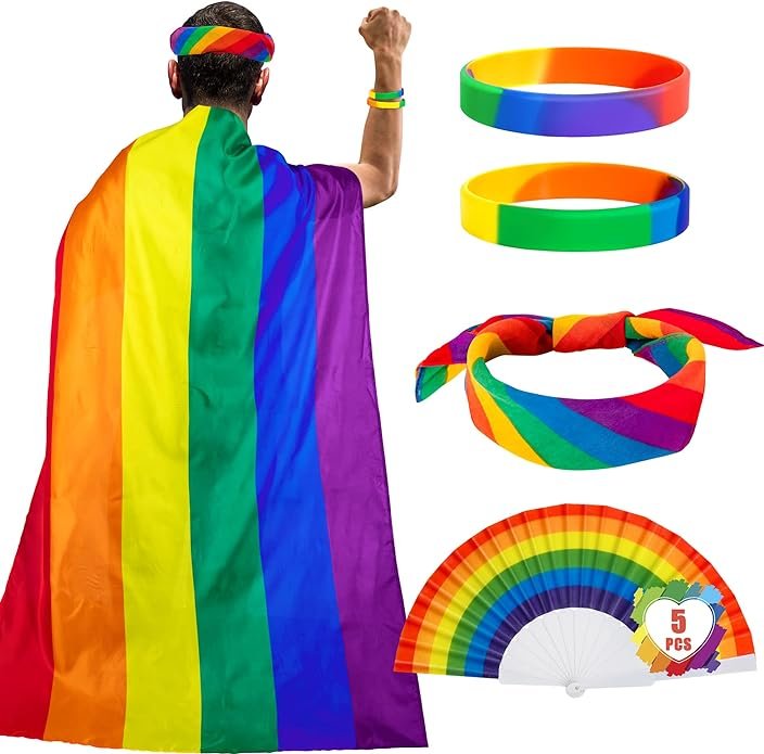 5 PCS Pride Accessories, Rainbow Pride Flag Cape Set with Folding Handheld Fan, Rainbow Stripes Bandana & 2 Pack Rainbow Silicone Bracelets for Pride Month Parades Party Gay Lesbian LGBTQ Celebration .jpg