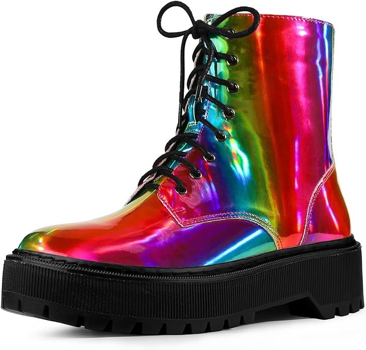Allegra K Women's Round Toe Platform Lace Up Colorful Combat Ankle Boots .jpg