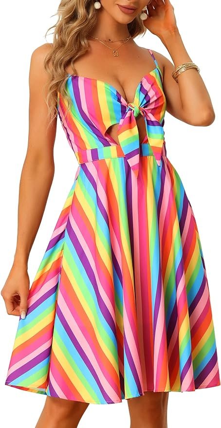Allegra K Women's Summer Dress Casual Beach Sundress V Neck Tie Front Rainbow Spaghetti Strap Dresses .jpg