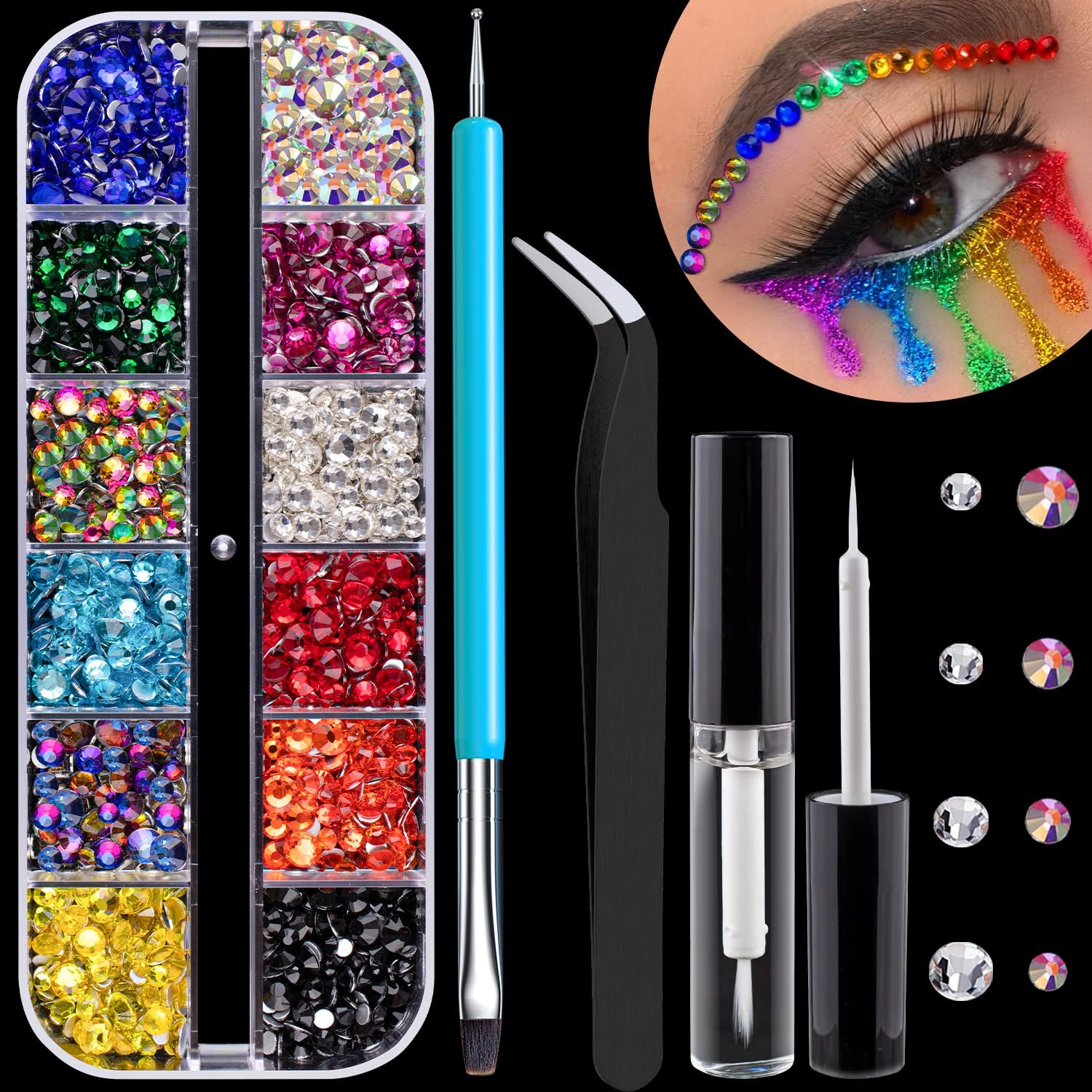 Round Flatback Face Gems Kit (Colorful) for Makeup with Quick Dry Glue + Brush + Tweezer, Nail Art Rhinestones Mixed Color Iridescent Chameleon Glass Crystal Beads for Make-up Deco .jpg