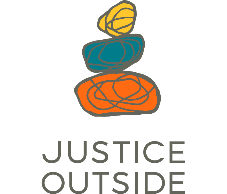 Justice Outside logo with stack of abstract shapes in yellow, blue, and orange. Text reads "Justice Outside."