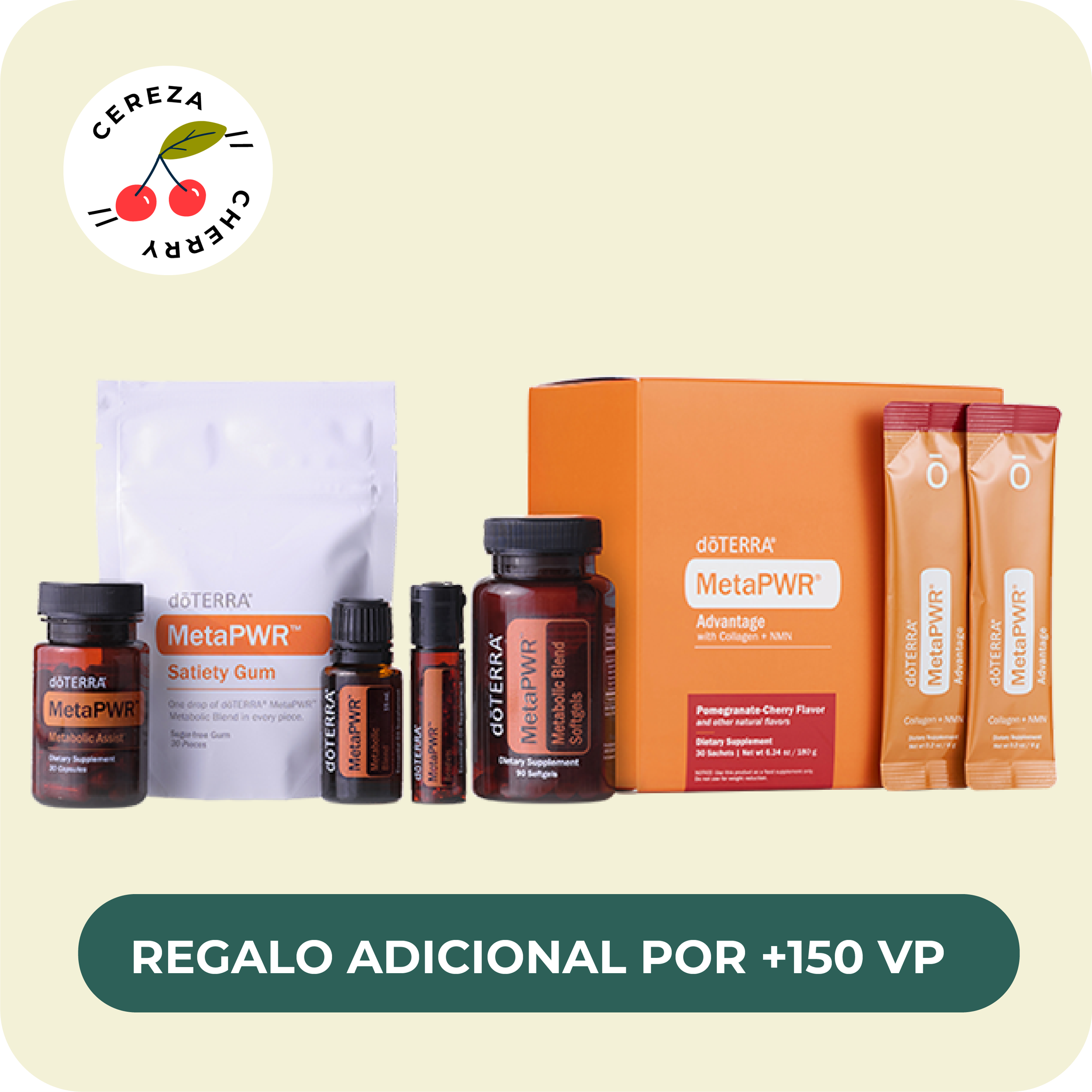 Productos de doTERRA MetaPWR, gomas de saliva, cápsulas y sobres con sabor a cereza en caja anaranjada, promocionado con un regalo adicional por más de 150 puntos de volumen de compra.