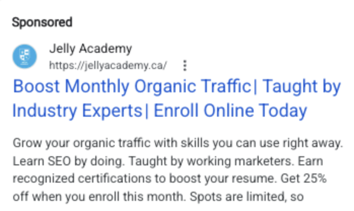 A screenshot of Jelly Academy Google ad example