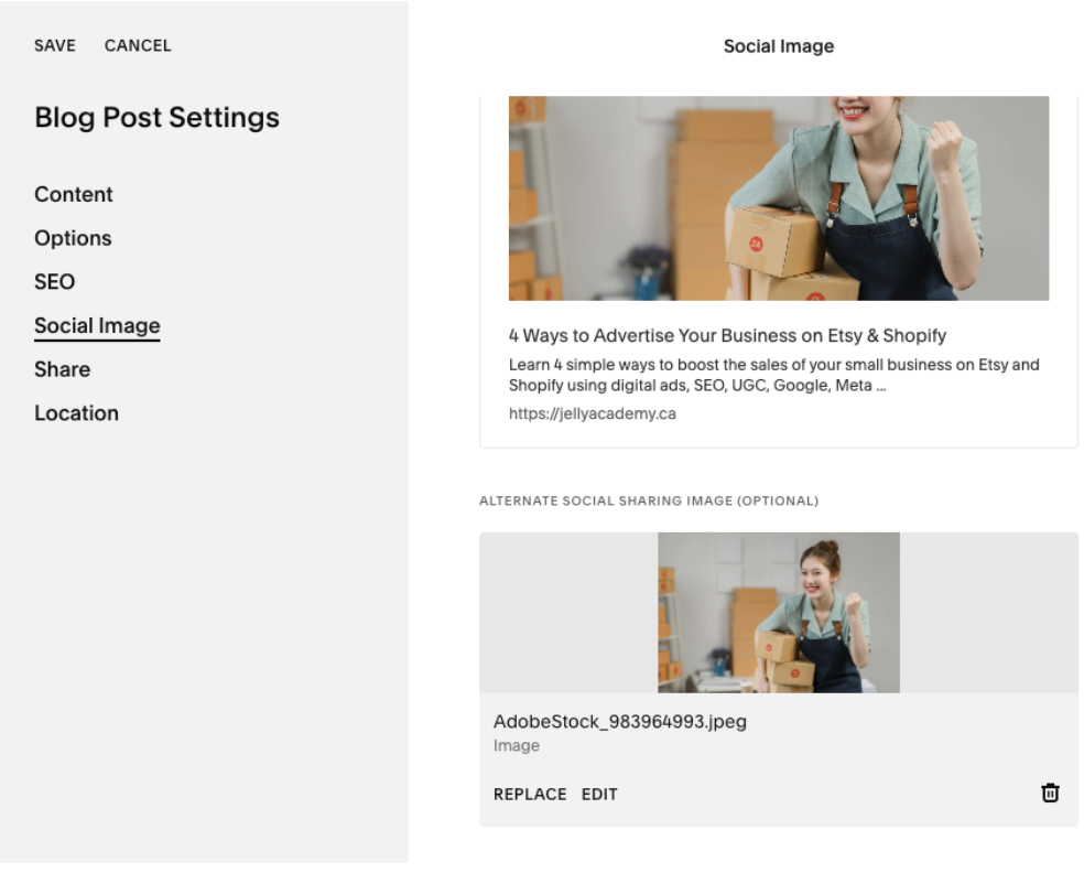 Screenshot of a Squarespace back-end social media settings