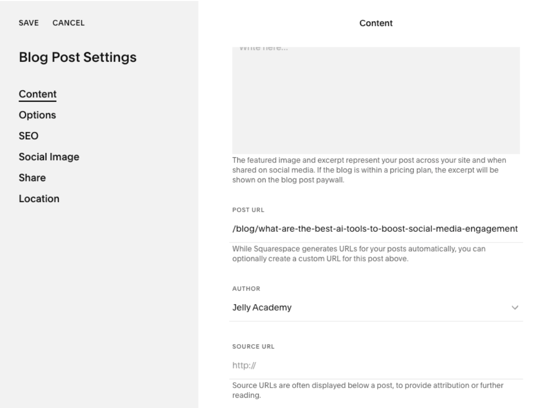 A screenshot of a Squarespace blog post settings