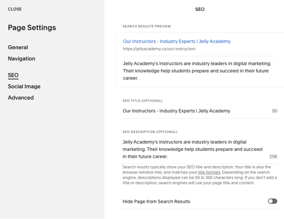 A screenshot of a Squarespace back-end SEO settings