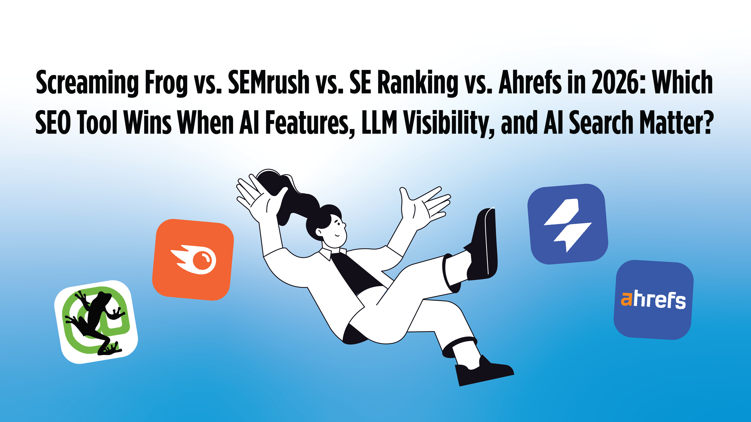 A graphic with a woman falling down and some SEO tool icons around her