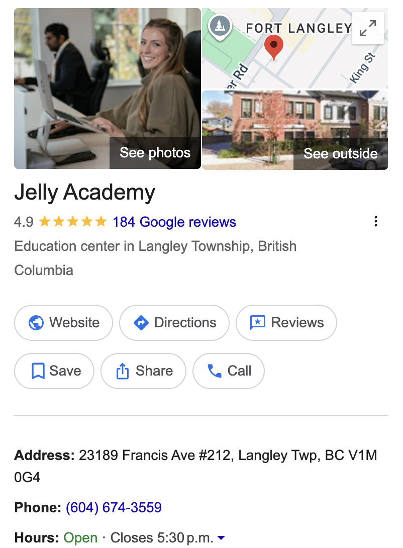 Jelly Academy Google Business Profile Screenshot
