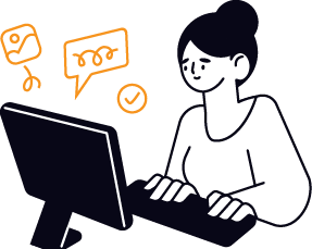 A graphic of a woman working on a computer