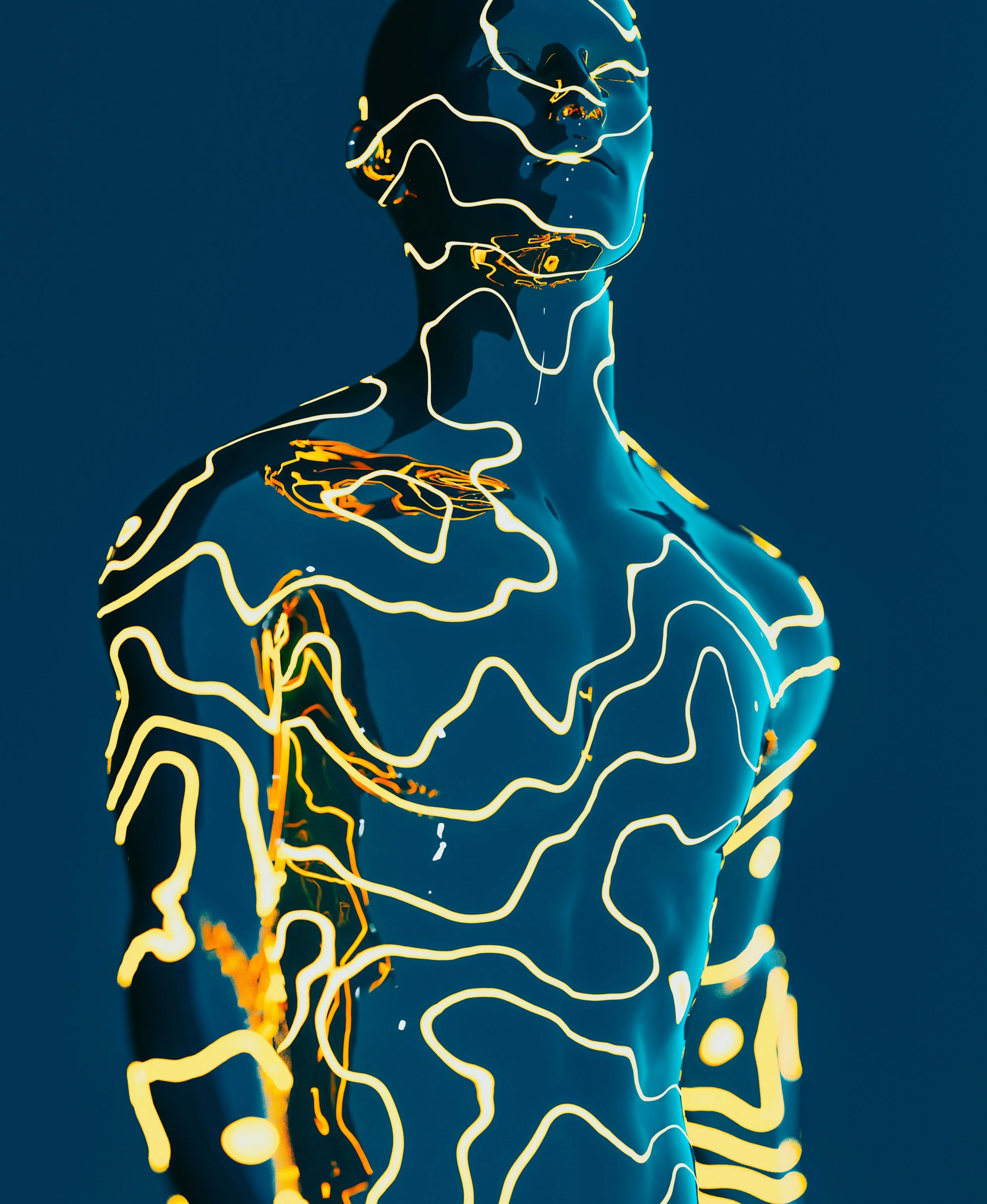 A futuristic sculpture of a human torso with glowing yellow and orange lines on a dark blue background.