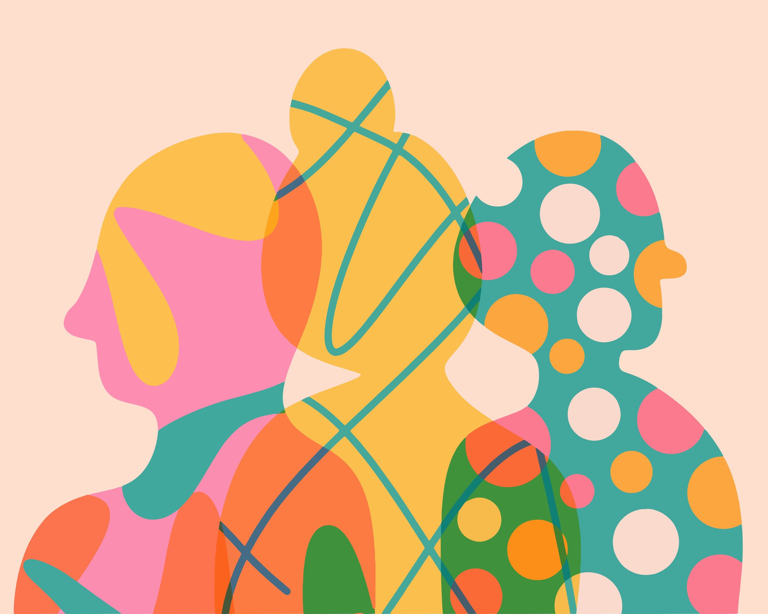 Abstract colorful illustration of three overlapping human profiles with various patterns and colors against a pale background.