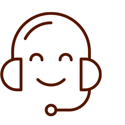 Outline drawing of a person with a headset and microphone, smiling.
