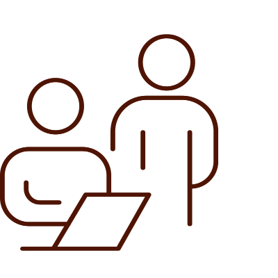 Line drawing of two people, one sitting at a laptop and the other standing nearby.