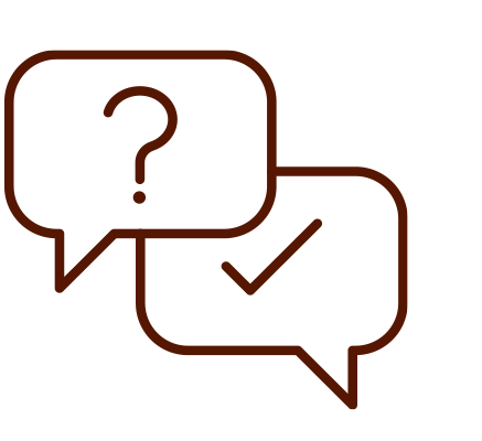 Two speech bubbles, one with a question mark and the other with a check mark, indicating communication or decision making.