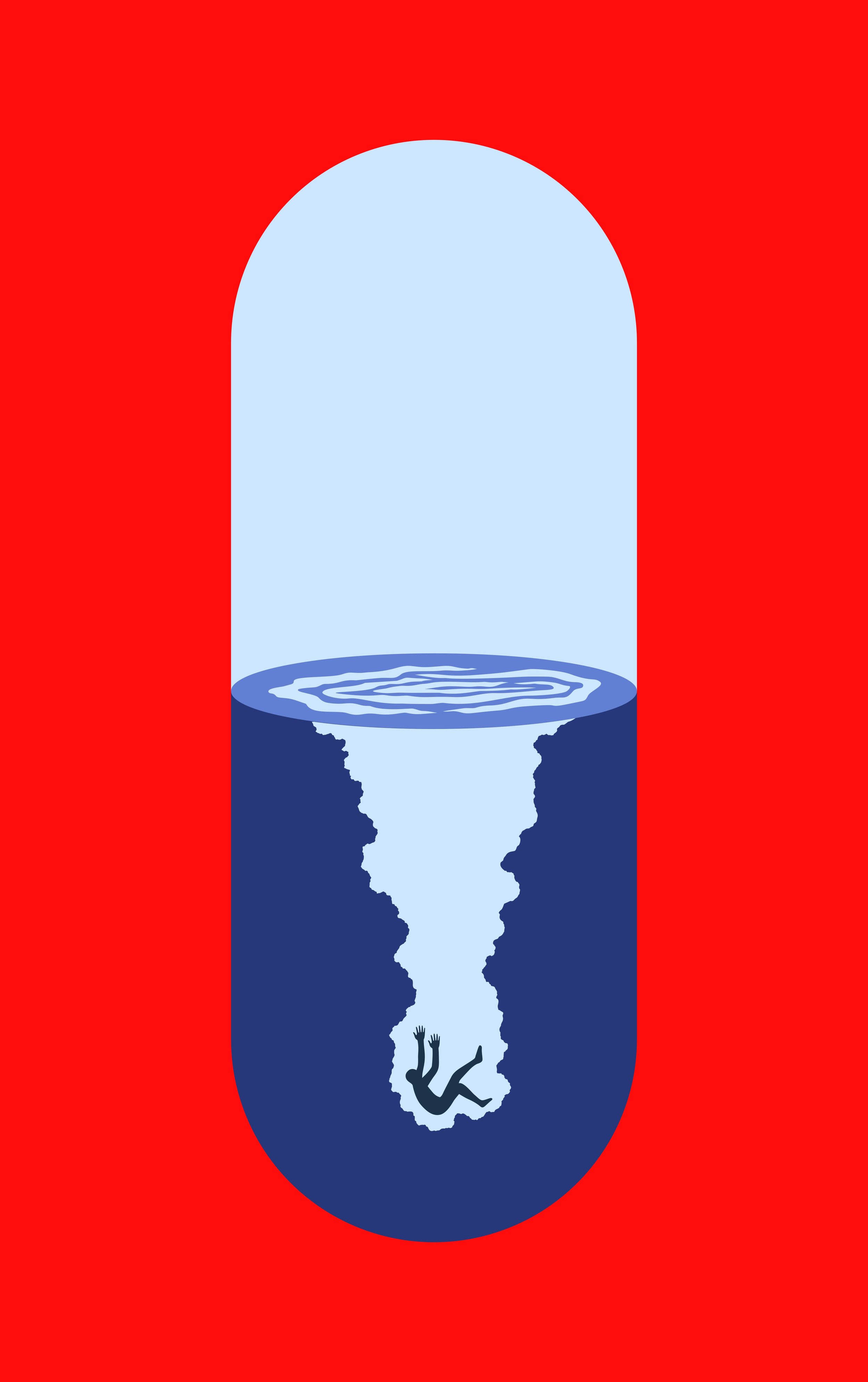 A red background with an illustration of a capsule-shaped container. The top half contains a water pool with ripples, and the bottom half shows a tornado within the capsule, with a person falling into it.