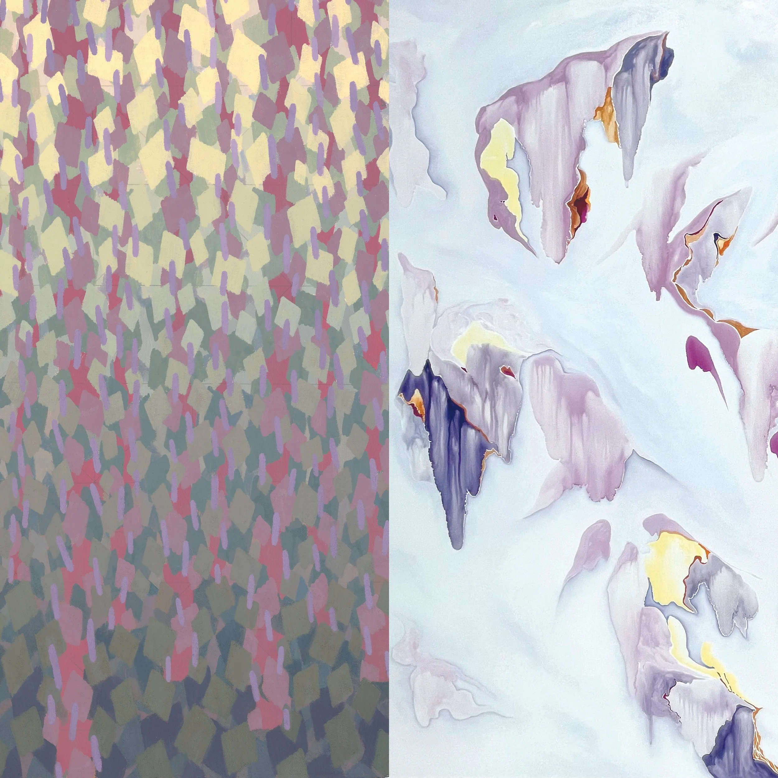 A split image of halves of different abstract paintings. The left is of interlocking diamond and rectangular shapes in muted greens, mauve and pale yellows. The right is of wing-like forms dripping mostly pale colors in blue, yellow light mauve.