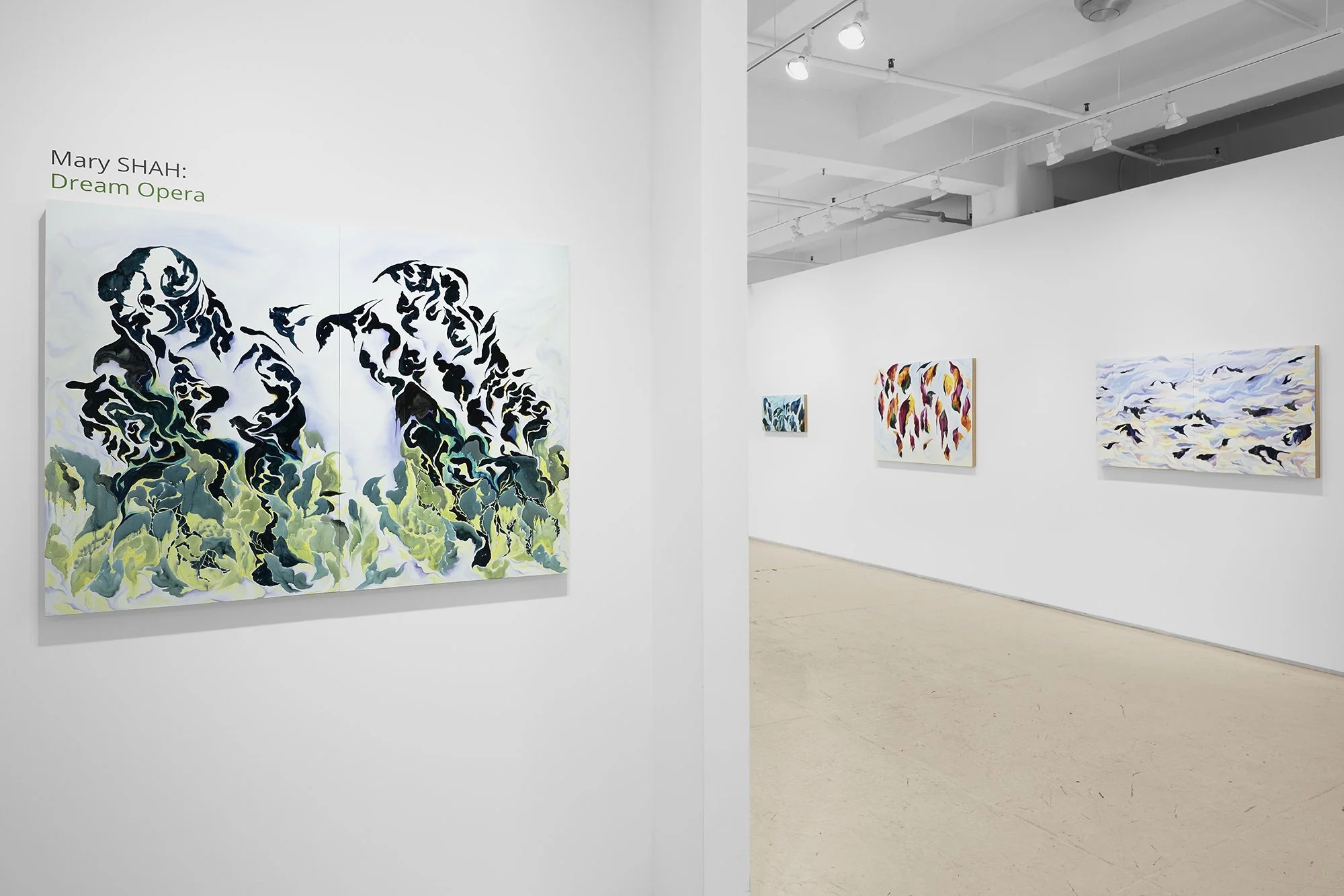 First installation view of Dream Opera, showing Mary Shah's oil on panel abstract paintings.