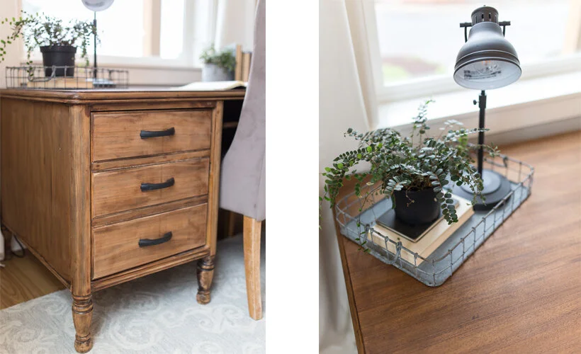 Styling details of a rustic antique desk in a french country cottage themed home in Salem, Oregon.