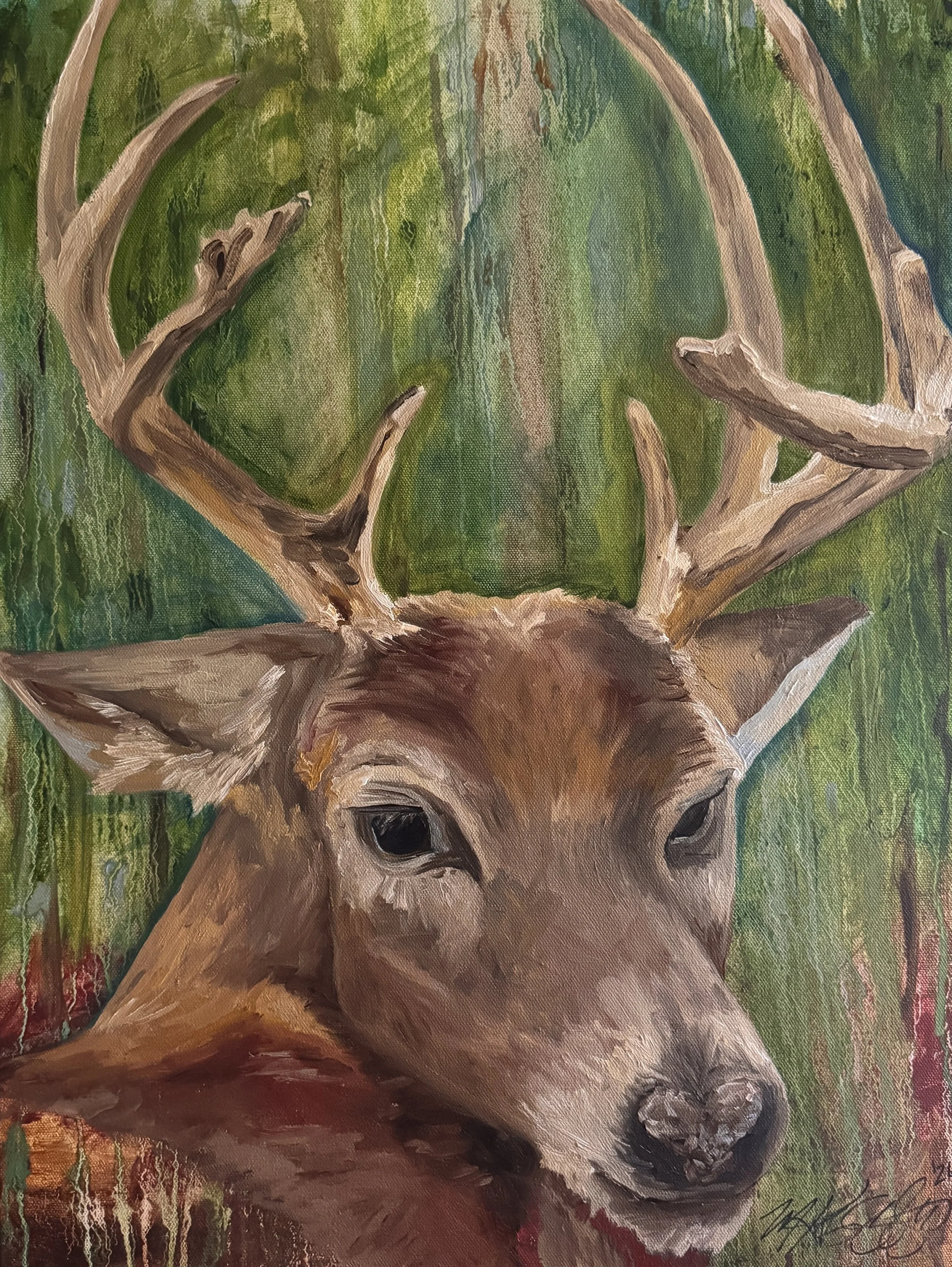 Jackson's Buck. 18"x24" Oil on Canvas. 

This one was a commission for a friend of my daughters. He wanted to have his first buck painted. It was a fun one to paint and still stretching my artistic abilities in painting another buck. 

Privately Owne