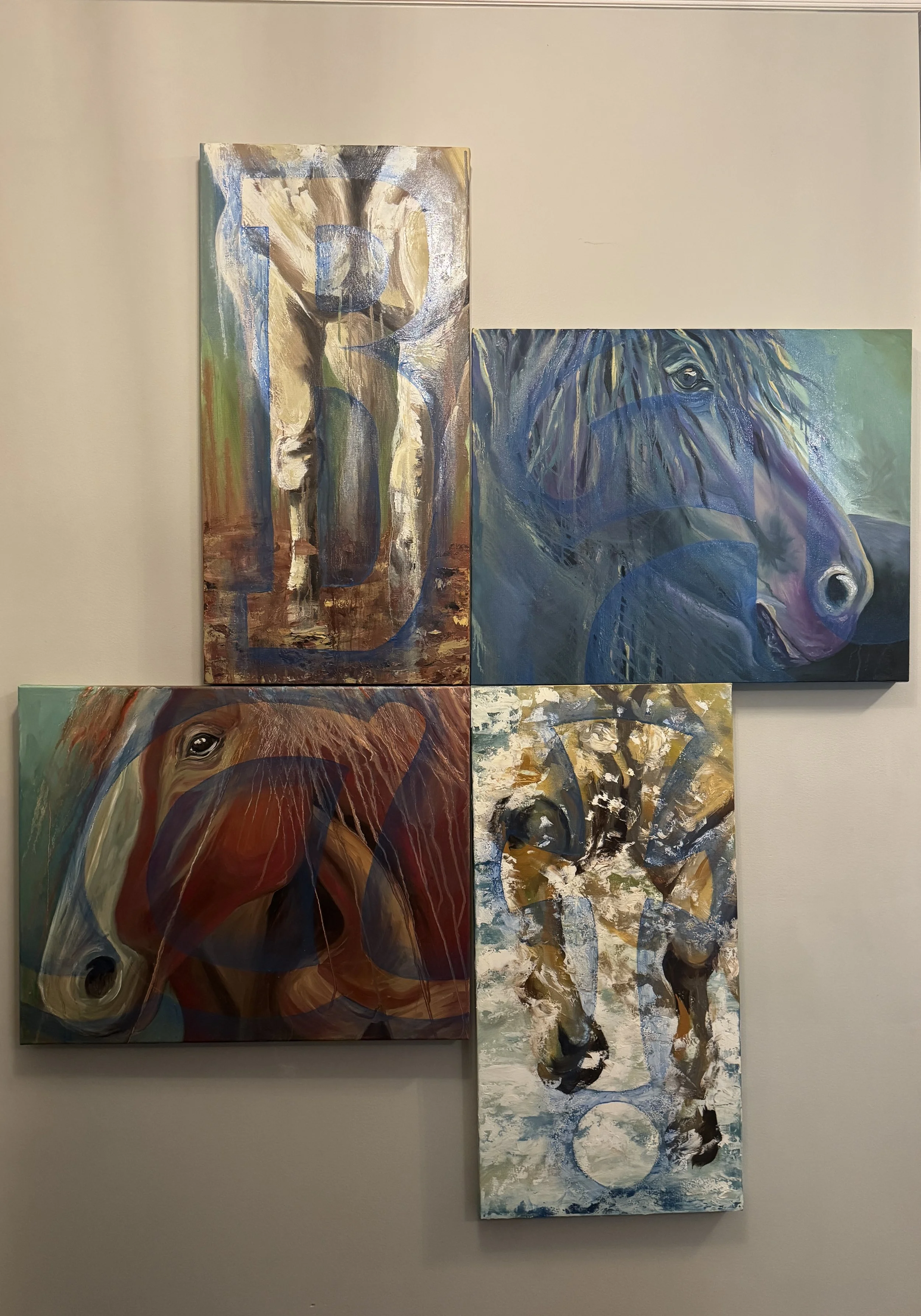 Baa! The Four Horses of Revelations. Oil on Canvas. Assorted Sizes: two 18"x36" & two 36"x24". 2025. Available for Purchase. 