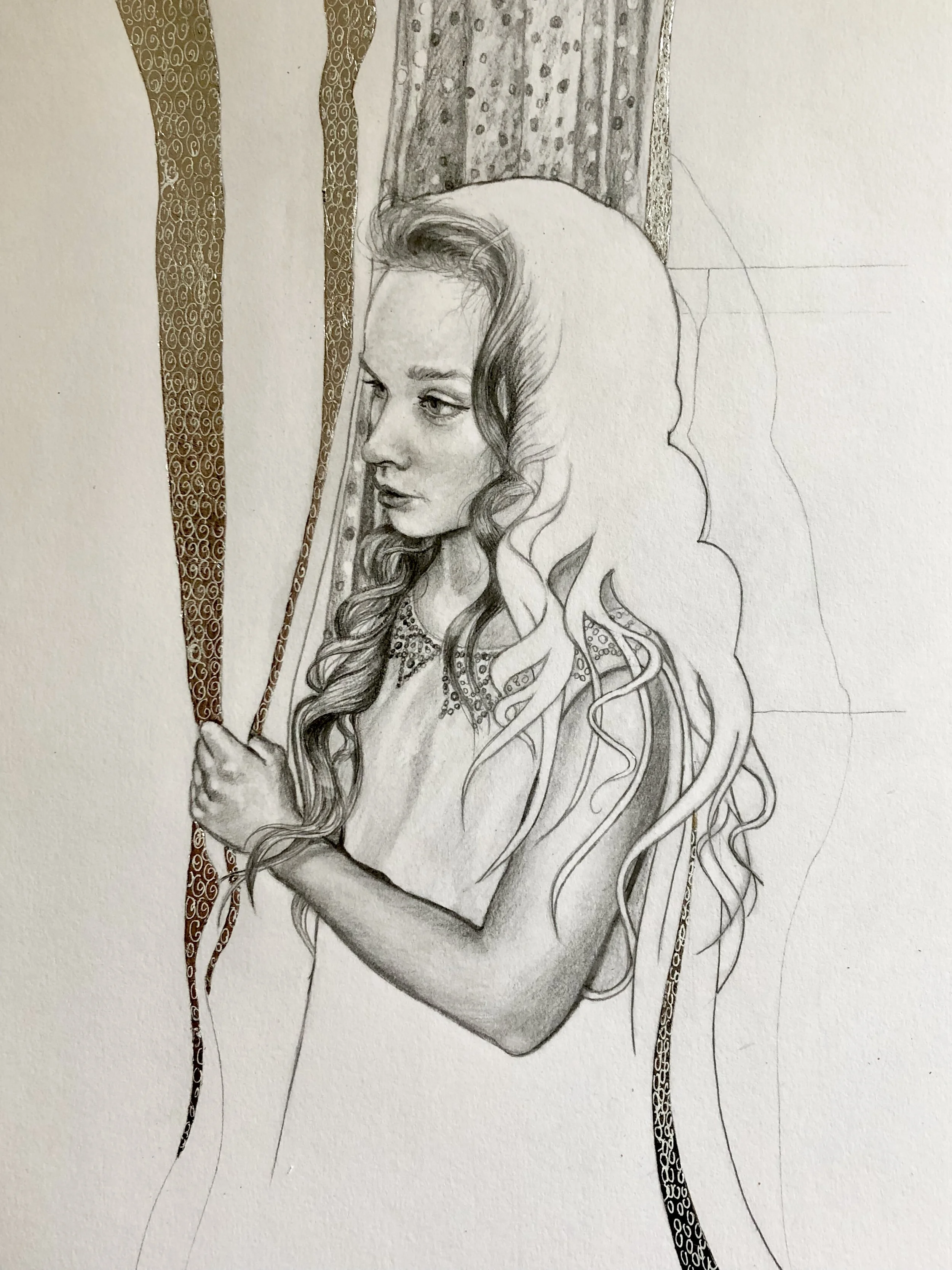 Girl with Curtain - graphite with metal leaf