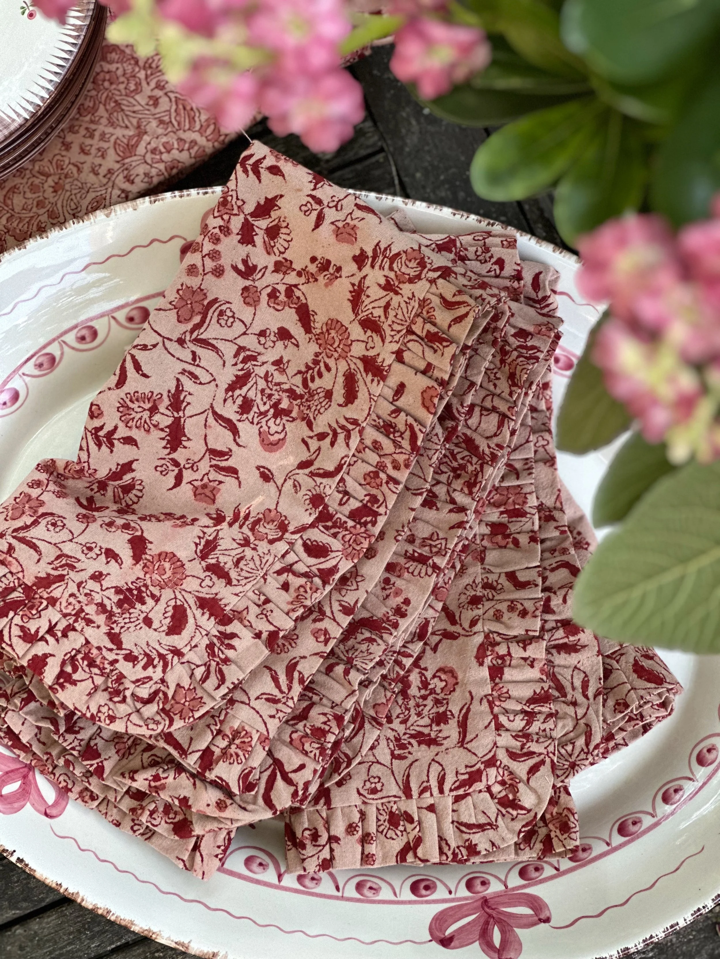 "Wildflower" Ruffled Napkins in Brick, Set of 4