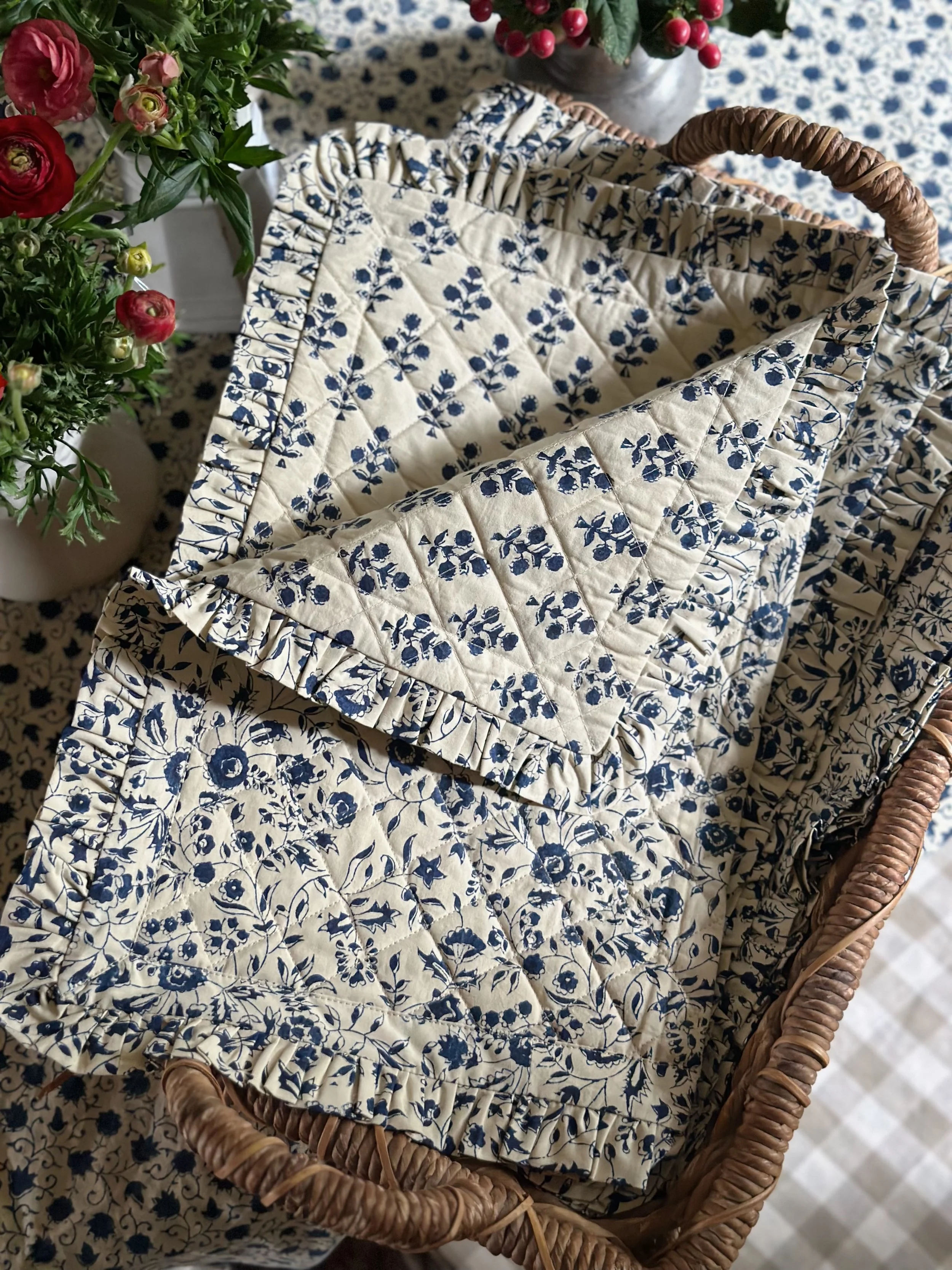 "Wildflower" Quilted Placemats with Ruffle in Indigo, Set of 4