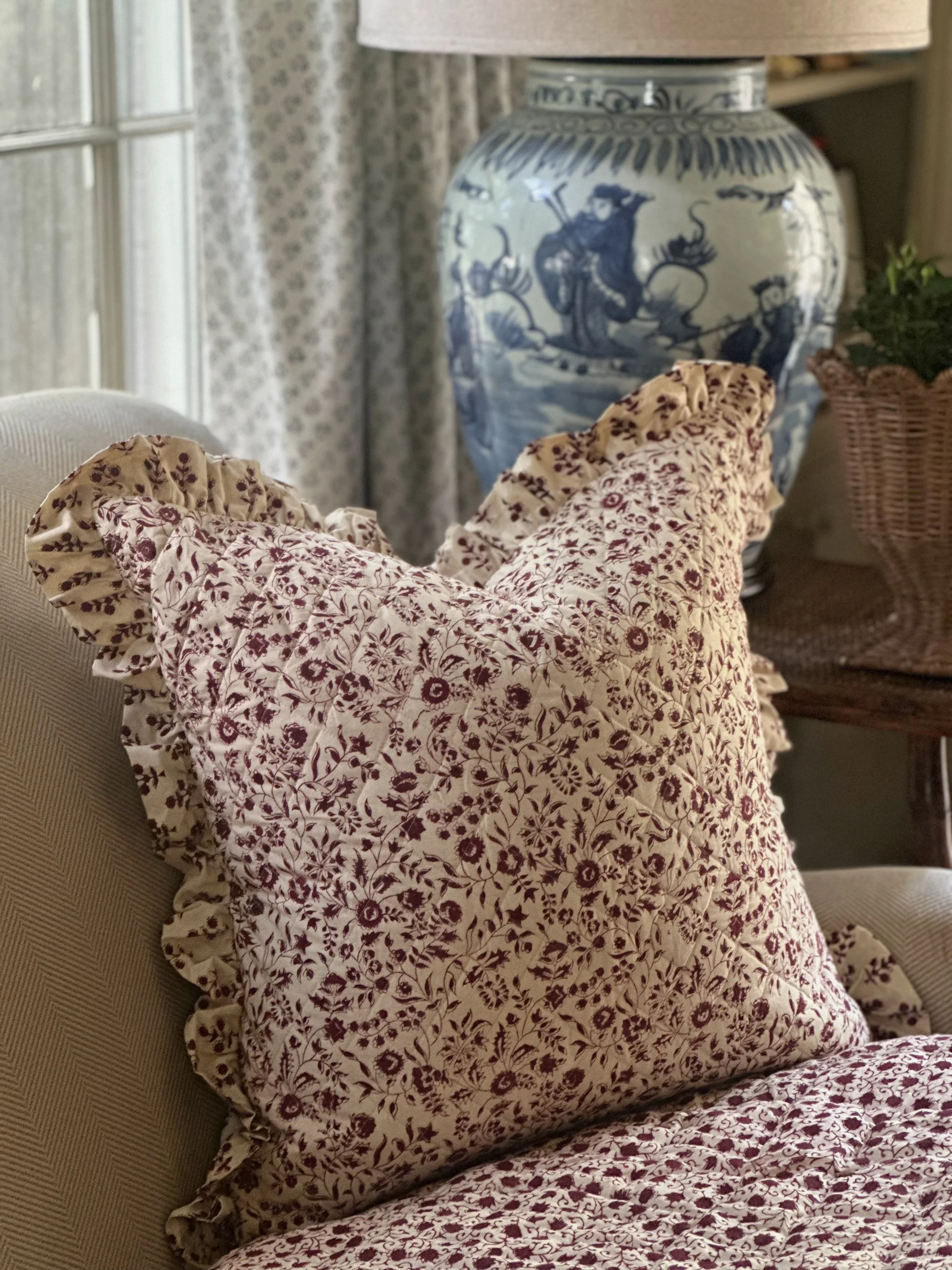 "Wildflower" Quilted Pillow Cover in Madder Red
