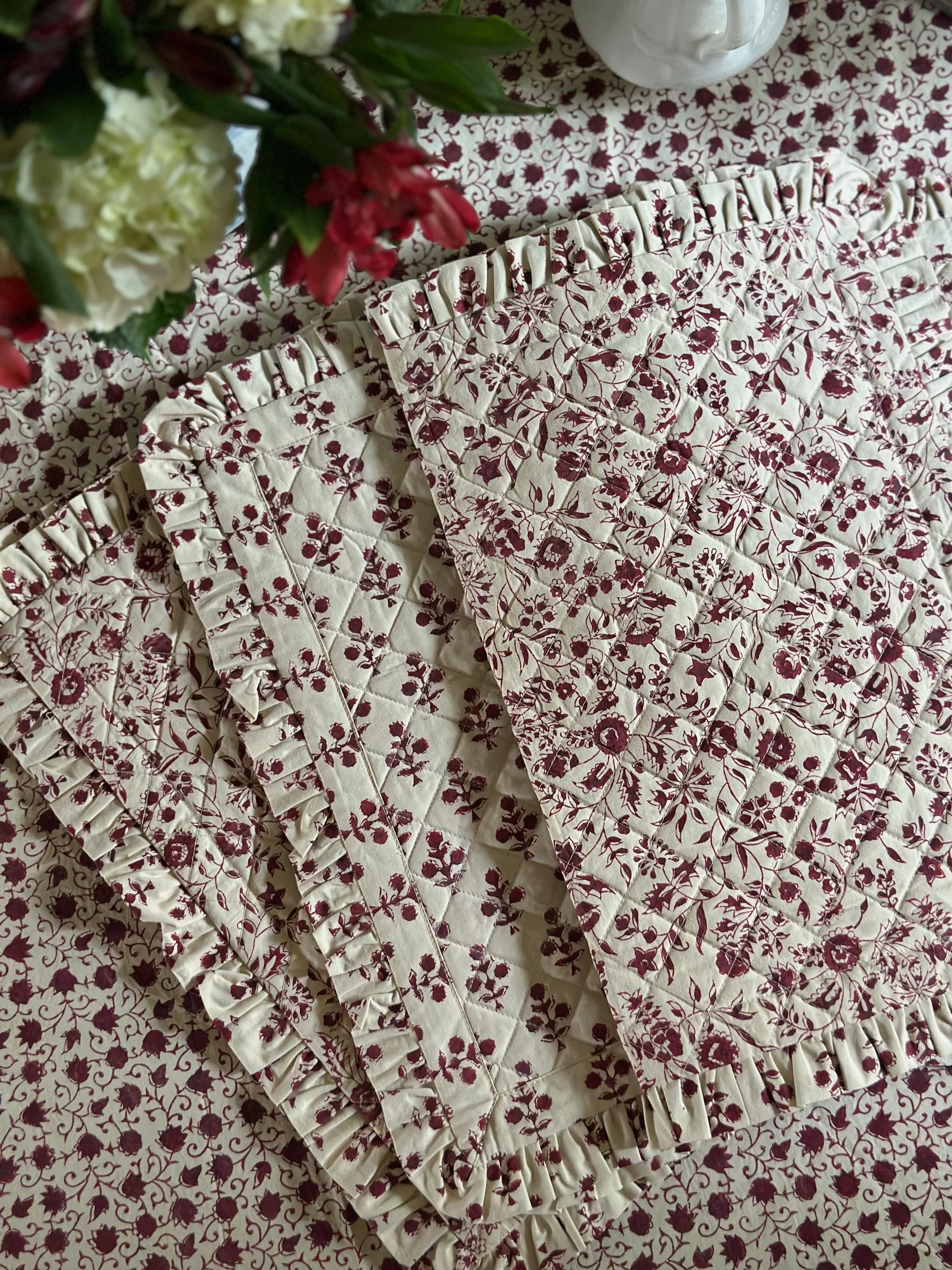 "Wildflower" Quilted Placemats with Ruffle in Madder  Red, Set of 4