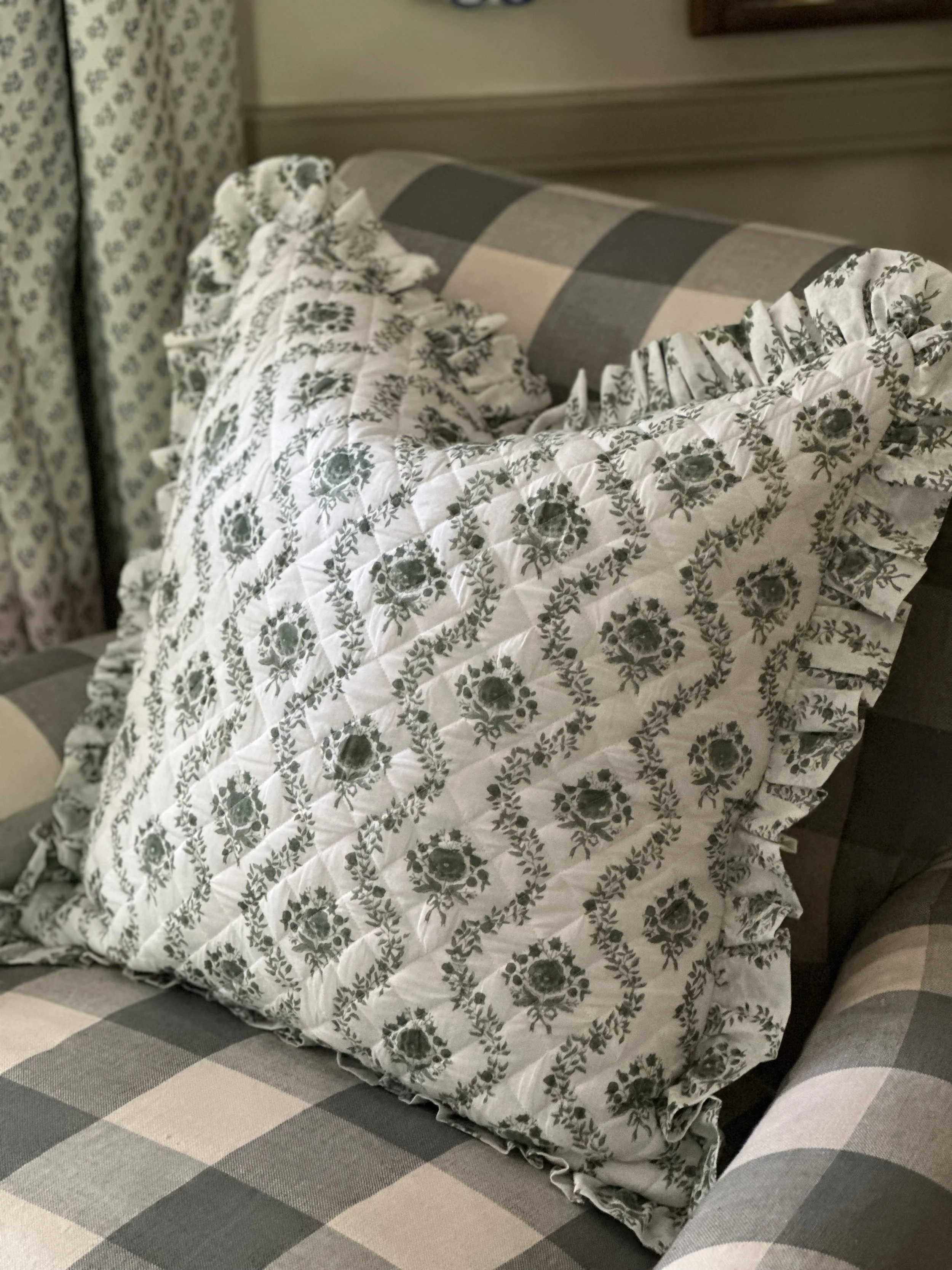 "Bouquet" Quilted Pillow in Provence Green