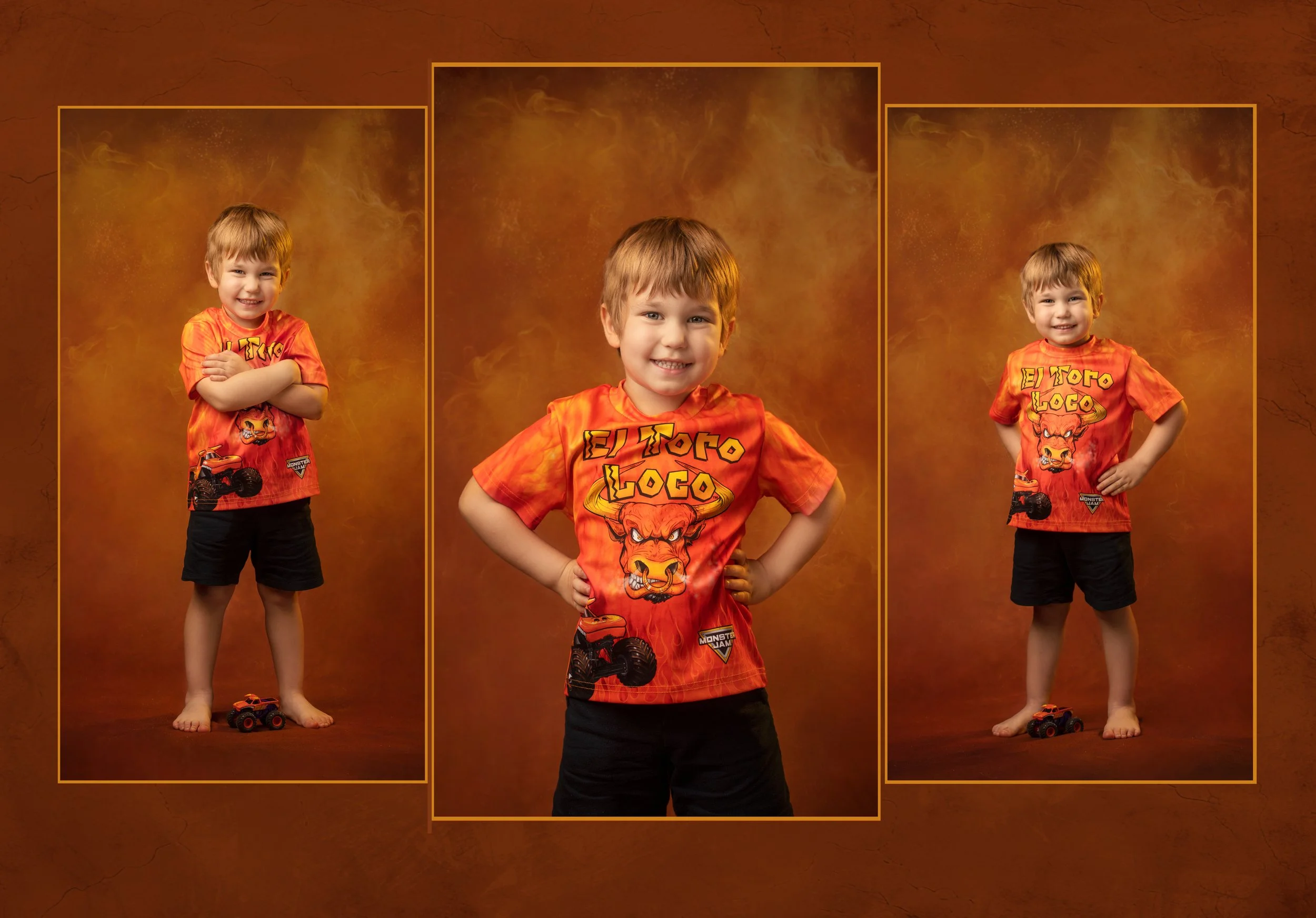 Colorful milestone photography of a young child expressing personality during studio portrait session