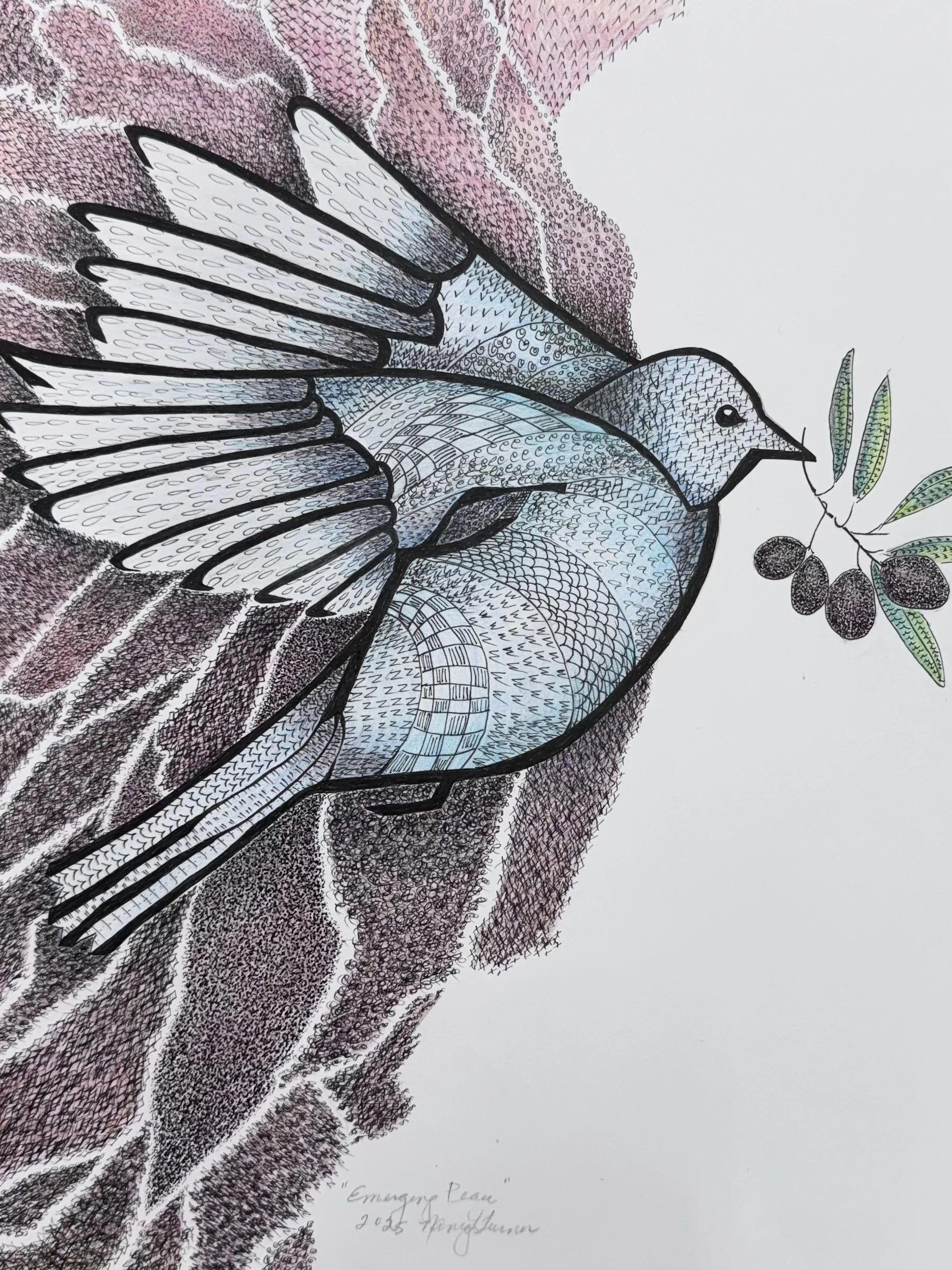 Nancy Turner's artwork Emerging Peace, ink & colored pencil on paper at the Women Contemporary Artists Member Show at Art and Frame.